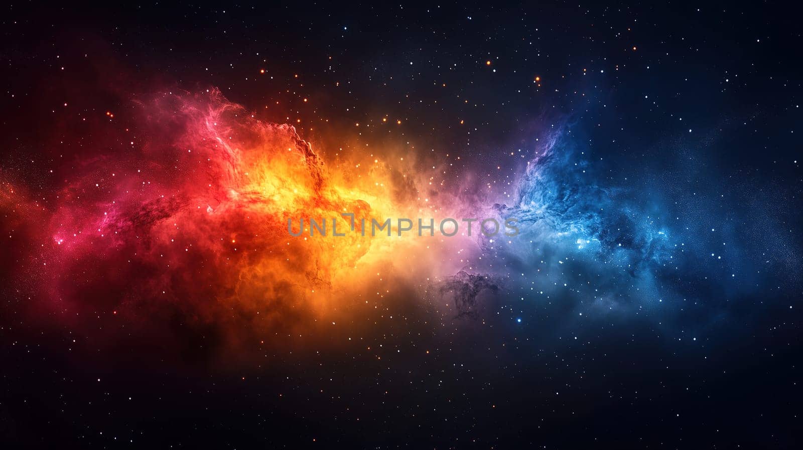 A stunning display of cosmic colors emerges from a swirling cloud in space, showcasing vibrant oranges, reds, blues, and purples illuminated by distant stars.