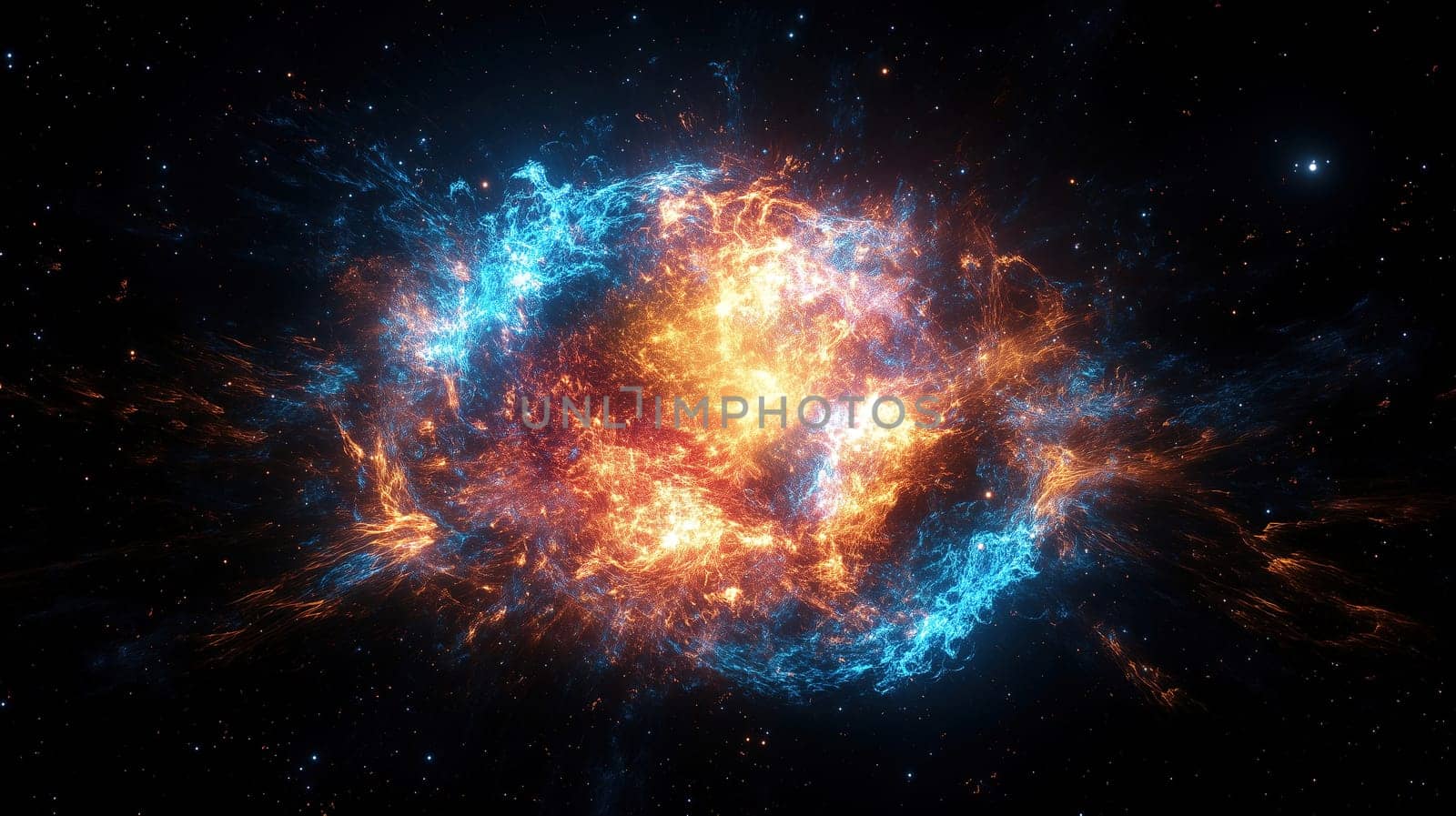 A brilliant cosmic explosion unfolds in the vastness of space, showcasing fiery orange and electric blue colors swirling together, creating a stunning celestial display.