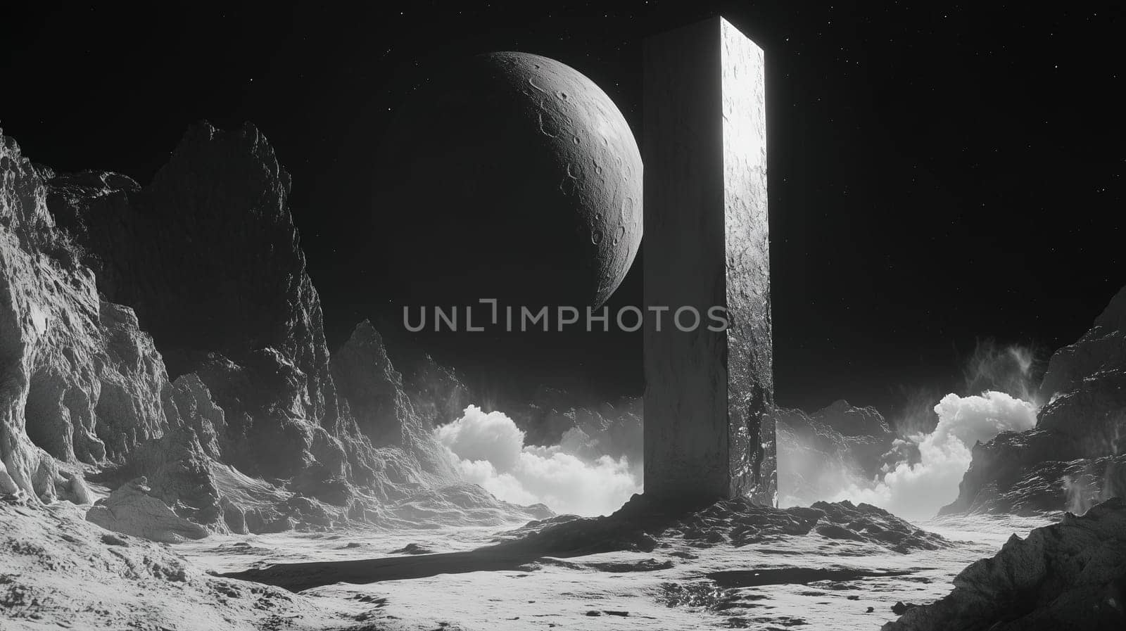 A tall, sleek monolith rises from the rugged terrain of a desolate moon, illuminated softly under the glow of a nearby planet during a serene night.