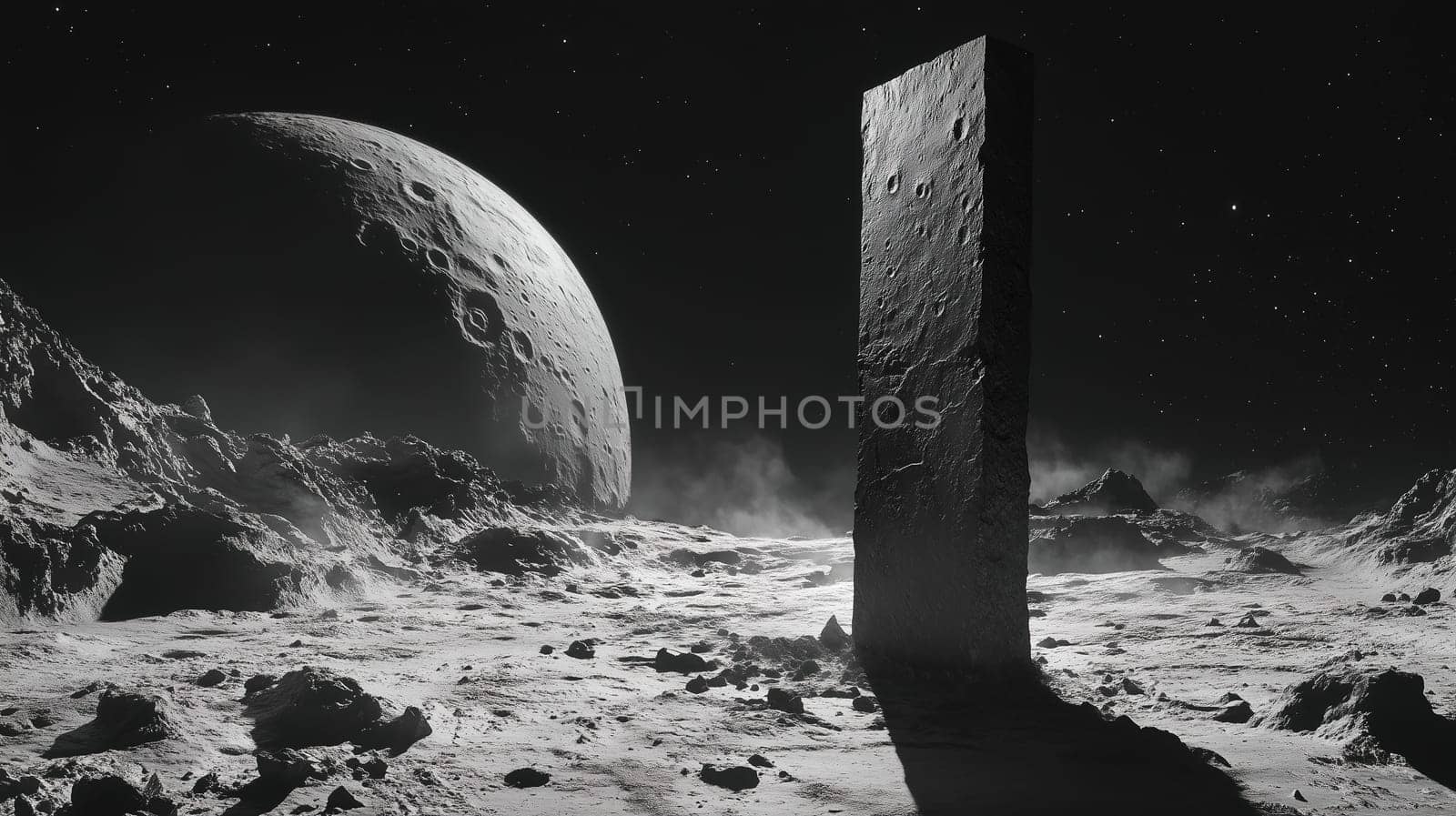 A tall, rectangular monolith stands alone on the barren lunar landscape. The surface is rugged and rocky, while a large moon looms in the background, illuminating the night sky.