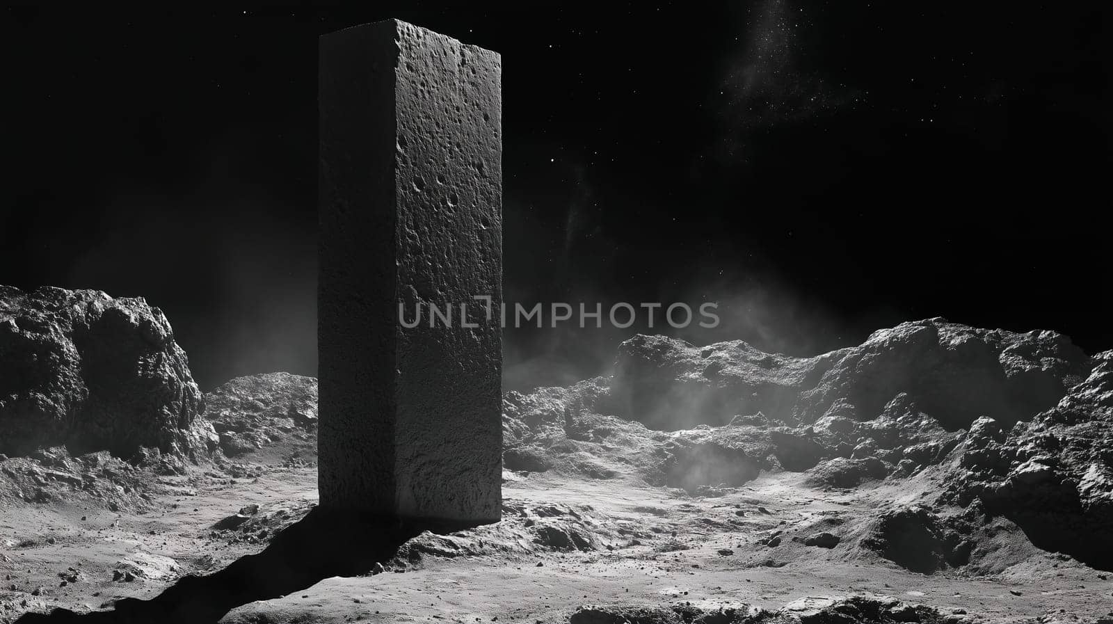 A tall, dark monolith rises from a dusty, cratered lunar surface, surrounded by fine particles. The sky is dotted with bright stars, creating a surreal atmosphere.