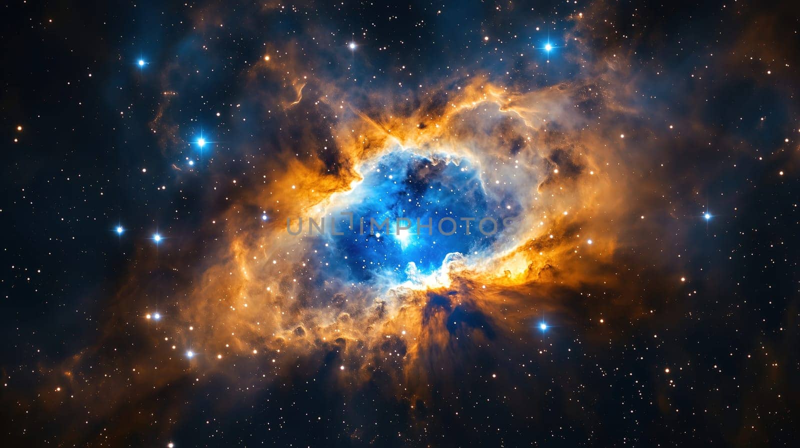 A vibrant nebula showcases a blend of deep blue and fiery orange hues with numerous bright stars scattered throughout the cosmic landscape, revealing the beauty of the universe.