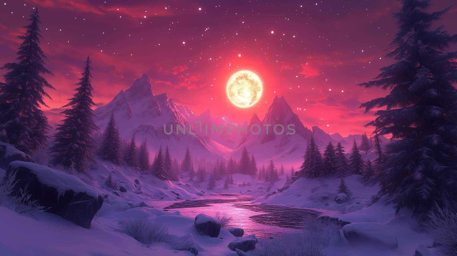 A breathtaking winter landscape showcases towering, snow-covered mountains under a vibrant twilight sky.