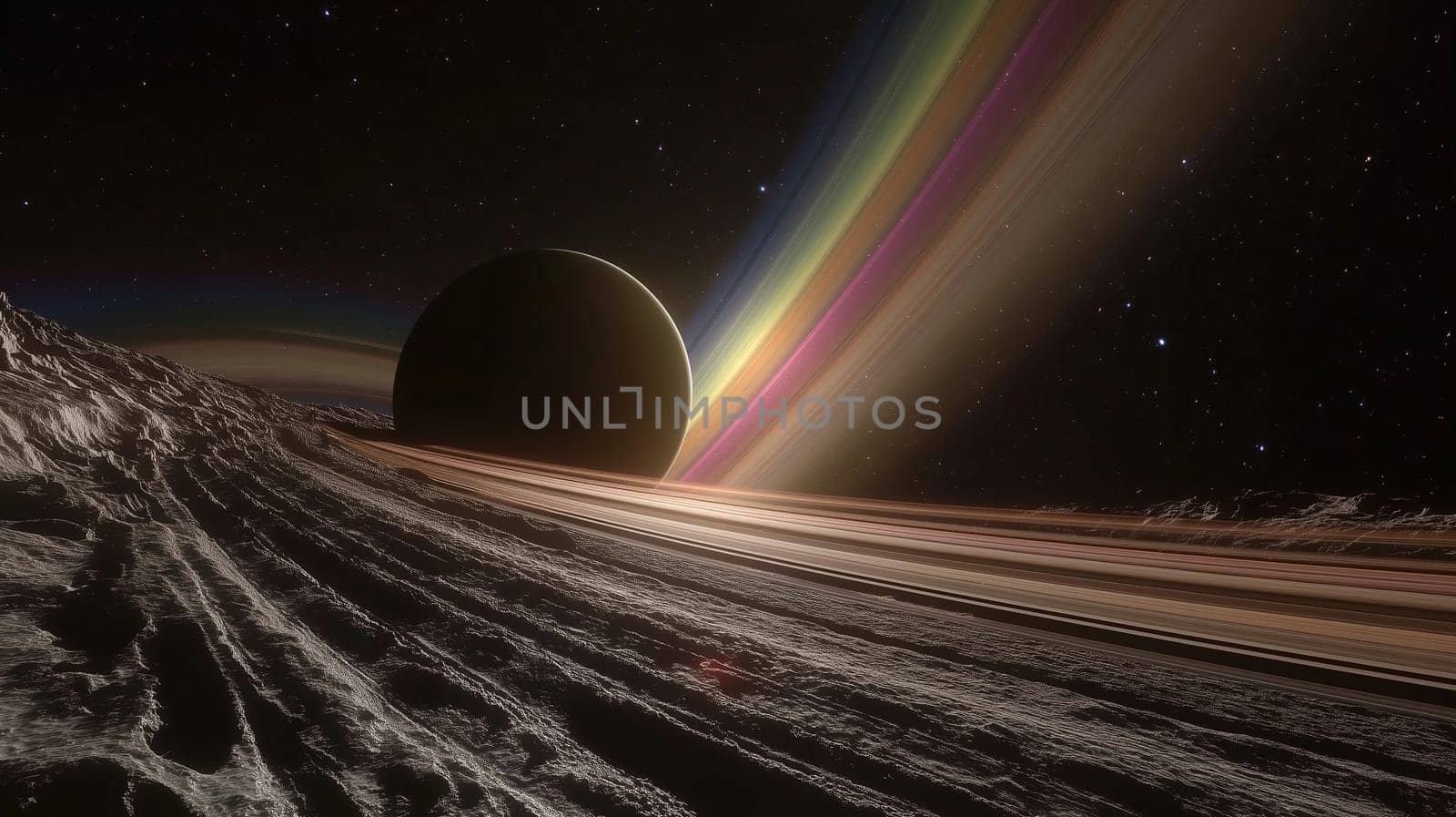 The image reveals a breathtaking perspective of Saturn's magnificent rings and dark atmosphere as seen from one of its nearby moons during twilight hours, illuminating the surroundings beautifully.