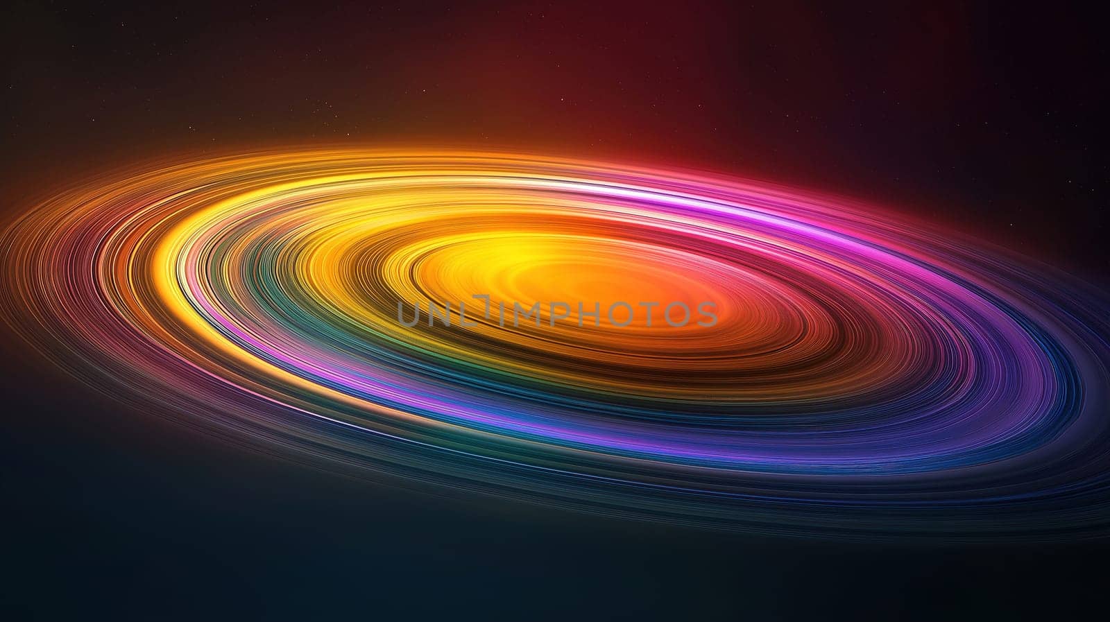 This artwork showcases a dynamic galaxy with swirling colors of purple, orange, and yellow. It captivates with its bright hues against the dark void of space, creating a cosmic spectacle.