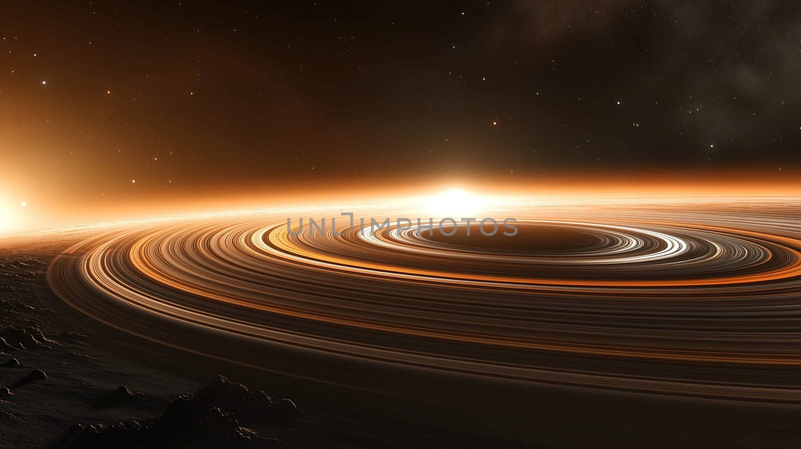 Rings encircle a large planet in deep space, reflecting starlight and creating a vibrant display. The cosmic scene features warm colors and a backdrop of stars.