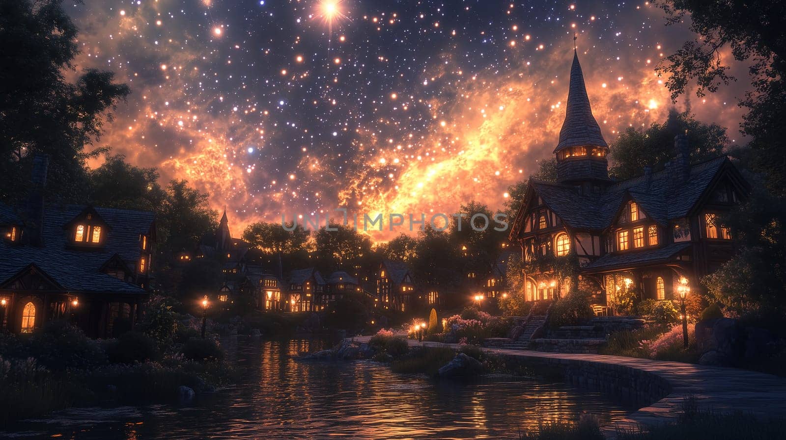 A mystical village is illuminated by warm lights, reflecting on the serene water as a spectacular starry sky fills the night, creating a magical atmosphere.