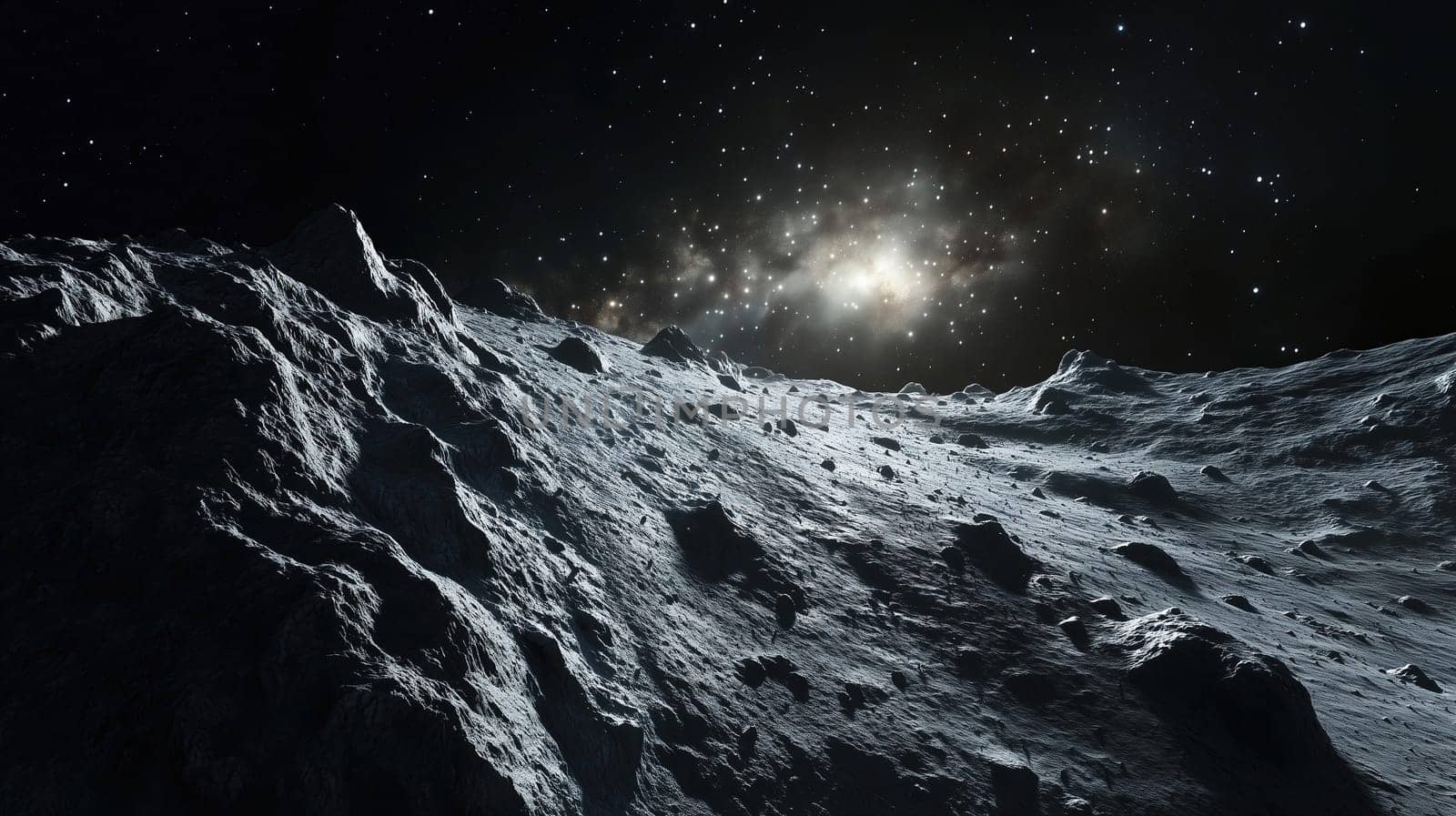 The rocky, uneven surface of an asteroid is visible in the foreground, while a spectacular galaxy glimmers in the background, highlighting the beauty of space.
