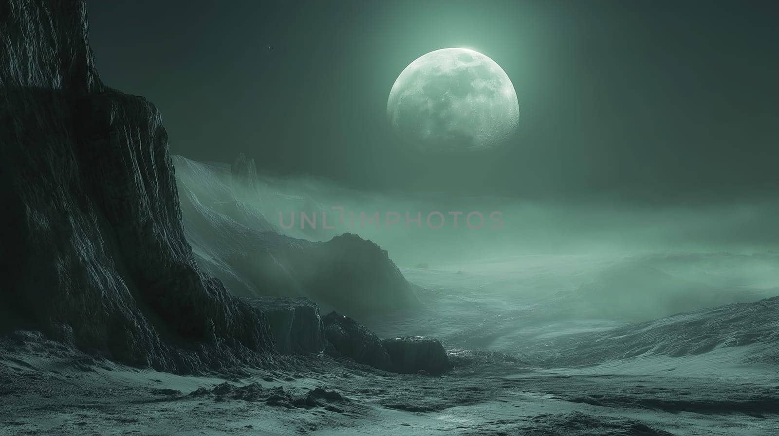 A vast lunar landscape is illuminated by a bright, glowing moon. The fog rolls over rocky formations, creating an eerie and enchanting atmosphere at night.
