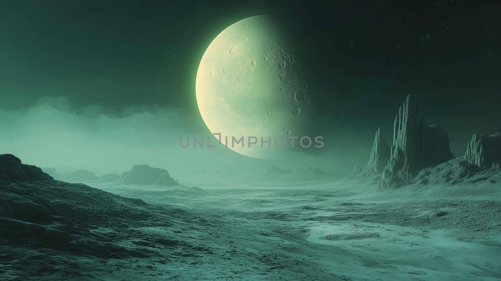 The alien landscape features rugged rock formations under a glowing moon. The atmosphere is foggy, creating an otherworldly ambiance as night envelops the scene.