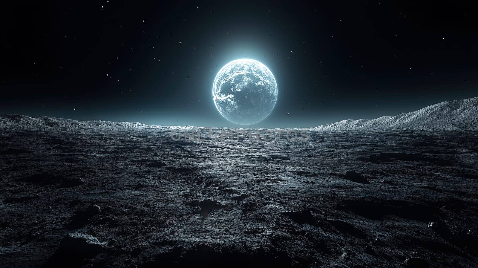 The expansive lunar terrain is illuminated by a bright moon, casting a serene glow over the craters and rocks. Stars twinkle in the deep night sky, enhancing the tranquil atmosphere.