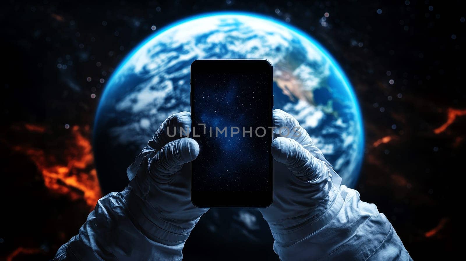 An astronaut in a space Suit with holding a smart phone on the earth planet background..