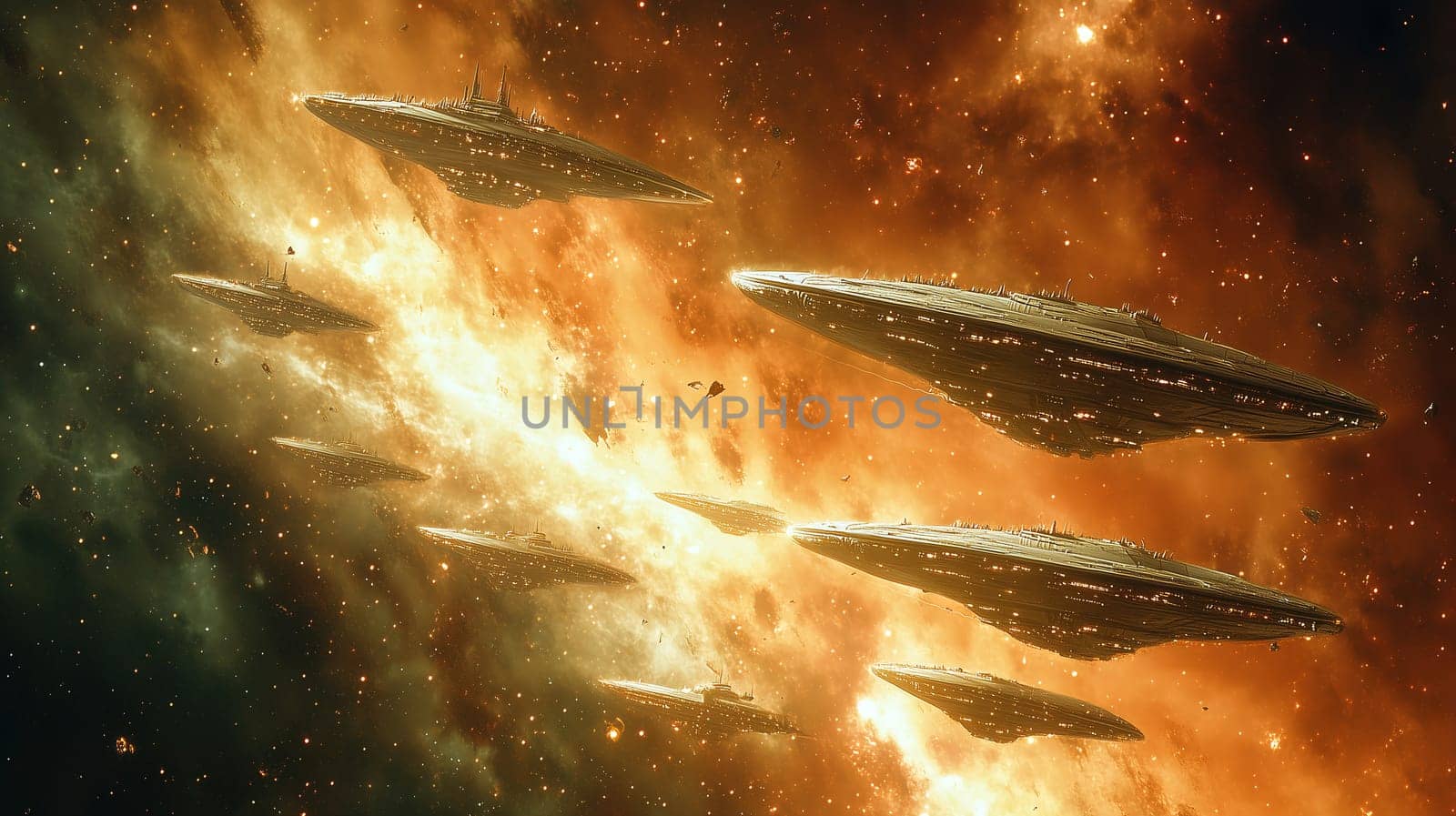A fleet of futuristic spaceships moves through a brilliant galaxy filled with vibrant colors. Cosmic energy radiates around, showcasing an intense and awe-inspiring atmosphere of exploration.