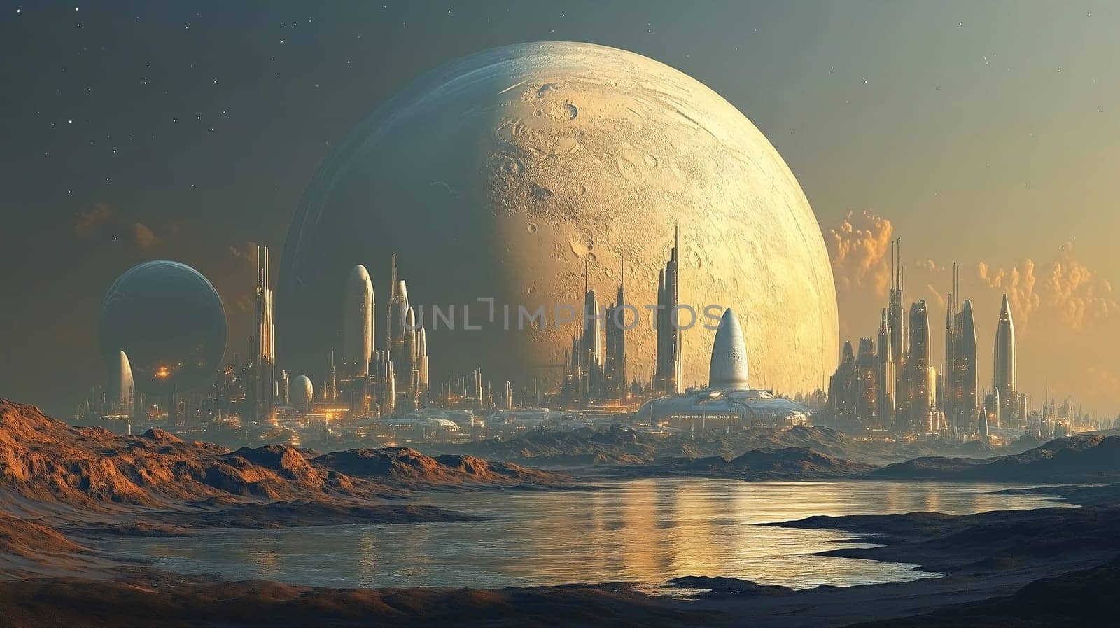 A stunning view of a futuristic city on a distant planet, featuring tall buildings and a gigantic moon illuminating the twilight sky, reflecting in the calm water nearby.