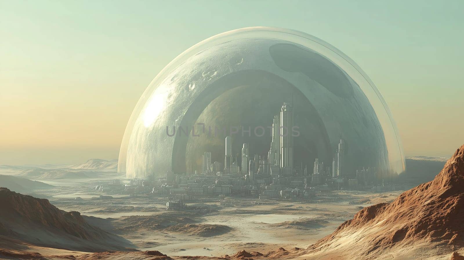 A large, transparent dome encloses a sprawling futuristic city amidst a barren desert landscape. The early morning light casts soft hues on the structures and surroundings.