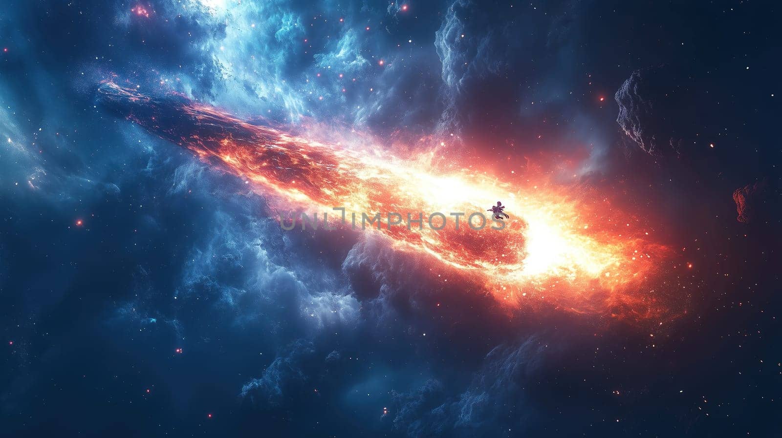 A stunning cosmic explosion unfolds with bright fiery colors and swirling clouds of gas. This celestial event highlights the beauty and mystery of the universe, captivating observers.