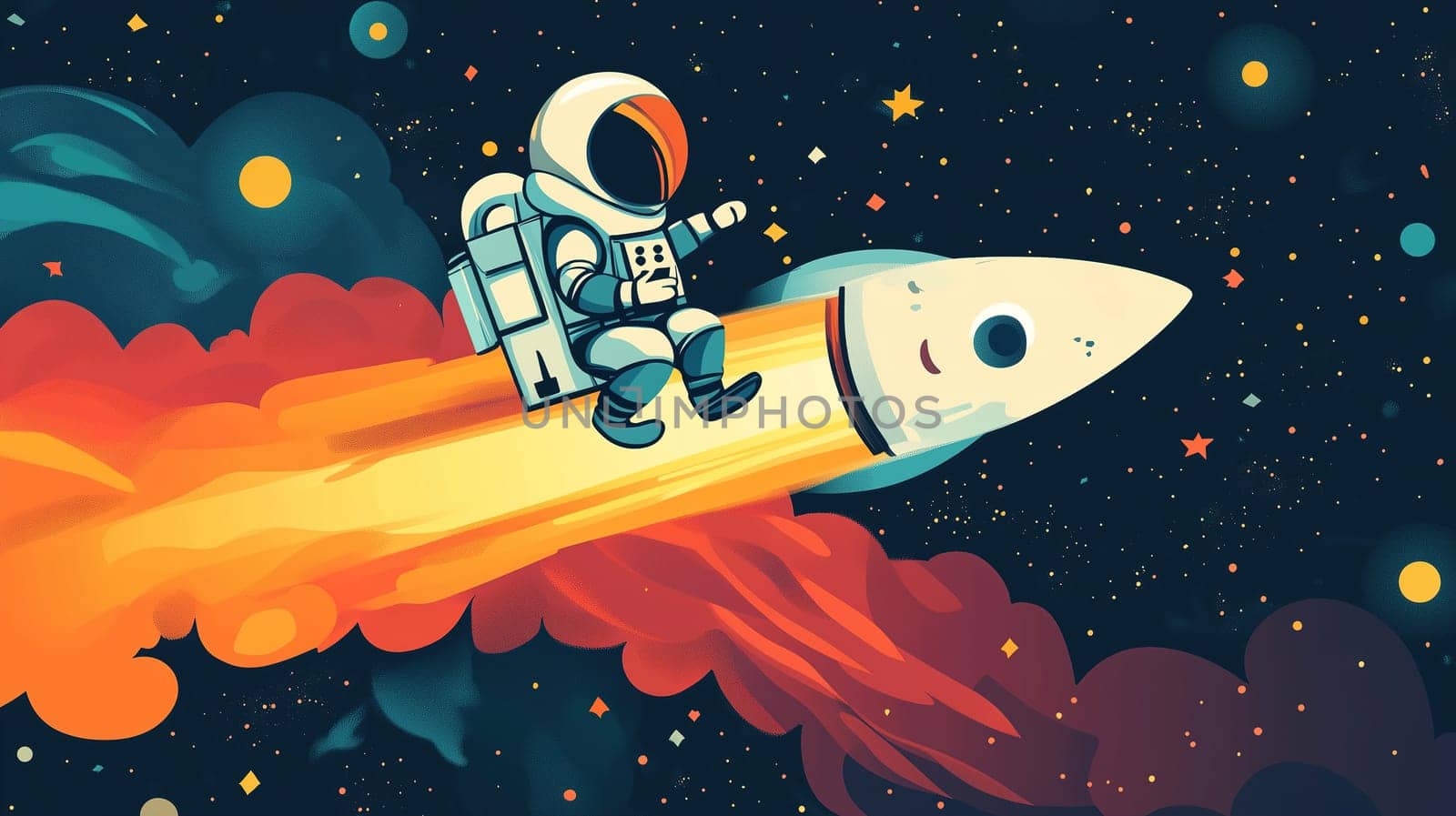 An excited astronaut rides a bright rocket as it speeds through a magical outer space. Colorful clouds and twinkling stars surround the adventurous scene.