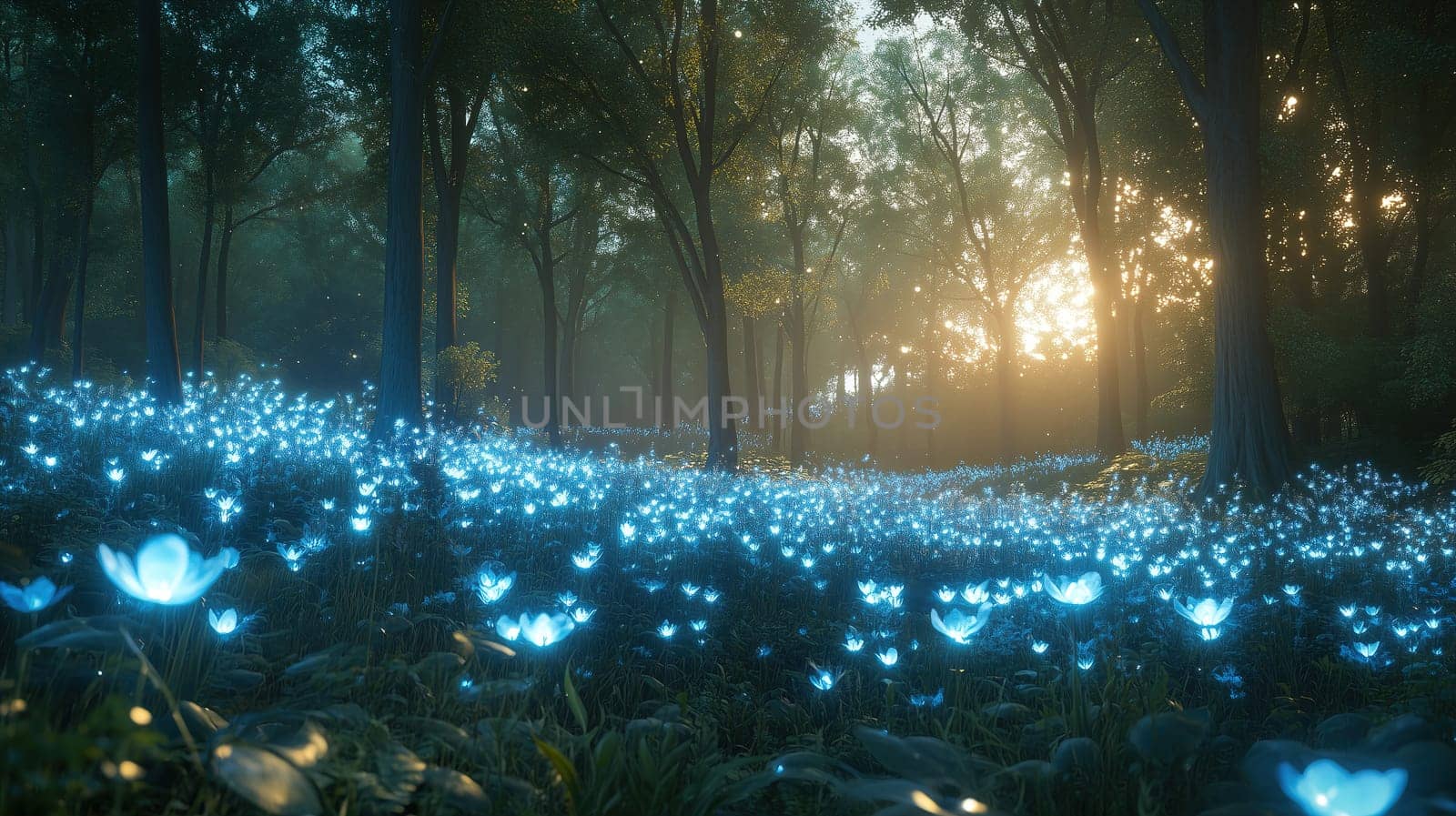 A beautiful forest at dusk features soft blue flowers illuminated by the golden sunlight filtering through the trees. The tranquil setting invites peaceful contemplation and appreciation of nature.
