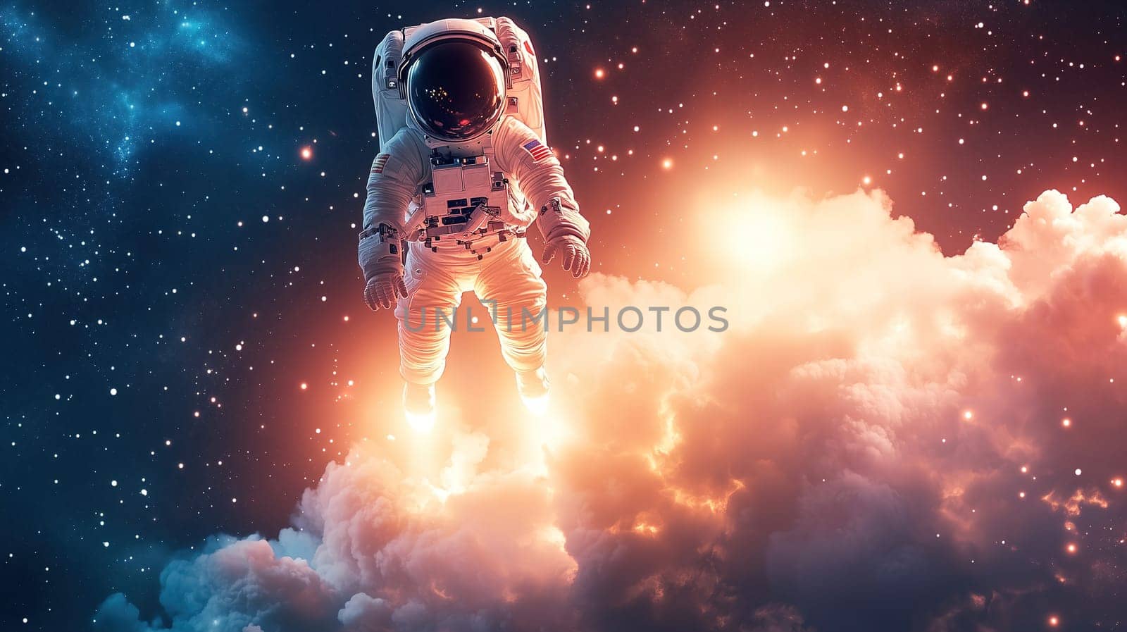 An astronaut is floating gracefully through space, surrounded by colorful clouds and shimmering stars. The scene is illuminated by bright cosmic light, creating a stunning celestial atmosphere.