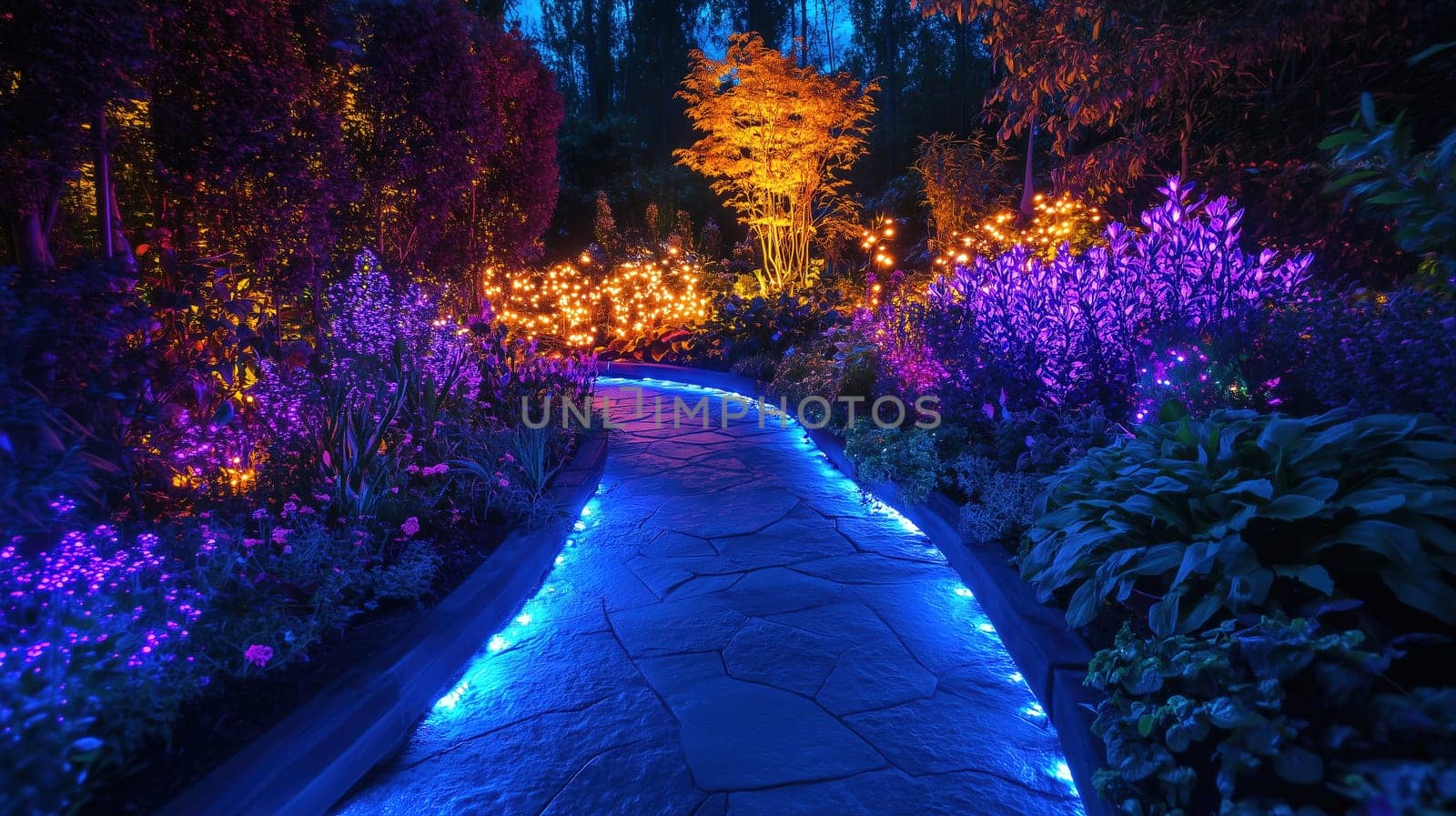 The garden is awash in vivid colors as the twilight sets in. A winding stone path is lined with glowing lights, leading past vibrant flowers and a stunning illuminated tree.
