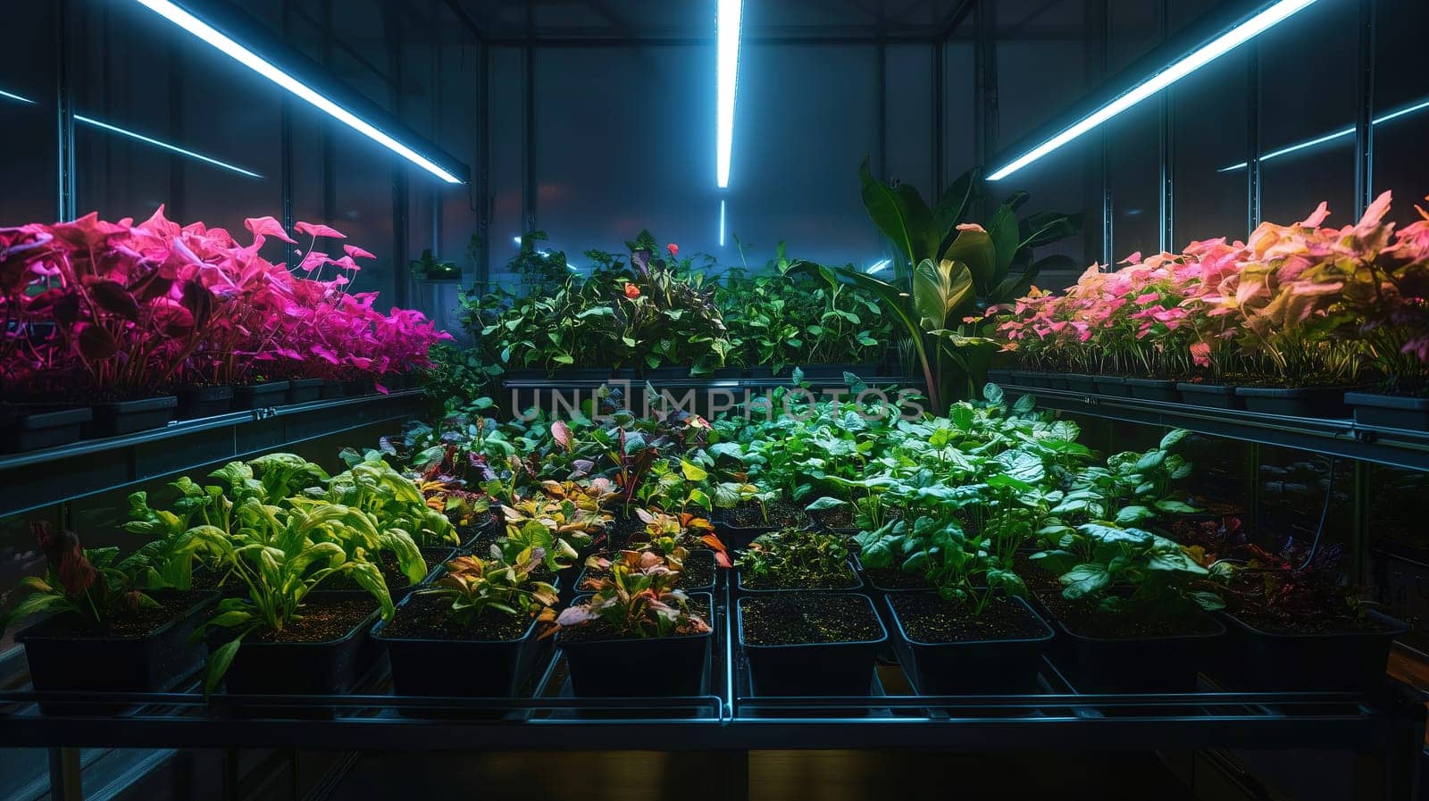 This indoor greenhouse features a stunning array of plants in vibrant colors, all enhanced by glowing neon lights, creating an enchanting atmosphere at night.