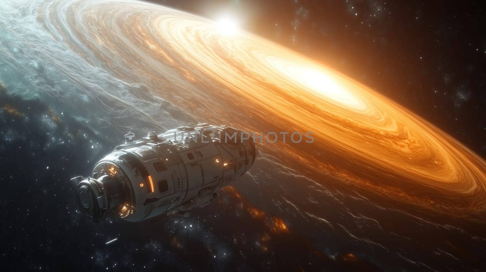 A spacecraft navigates the vastness of space near a gigantic gas planet with swirling gases and glowing rings, illuminated by a distant star.