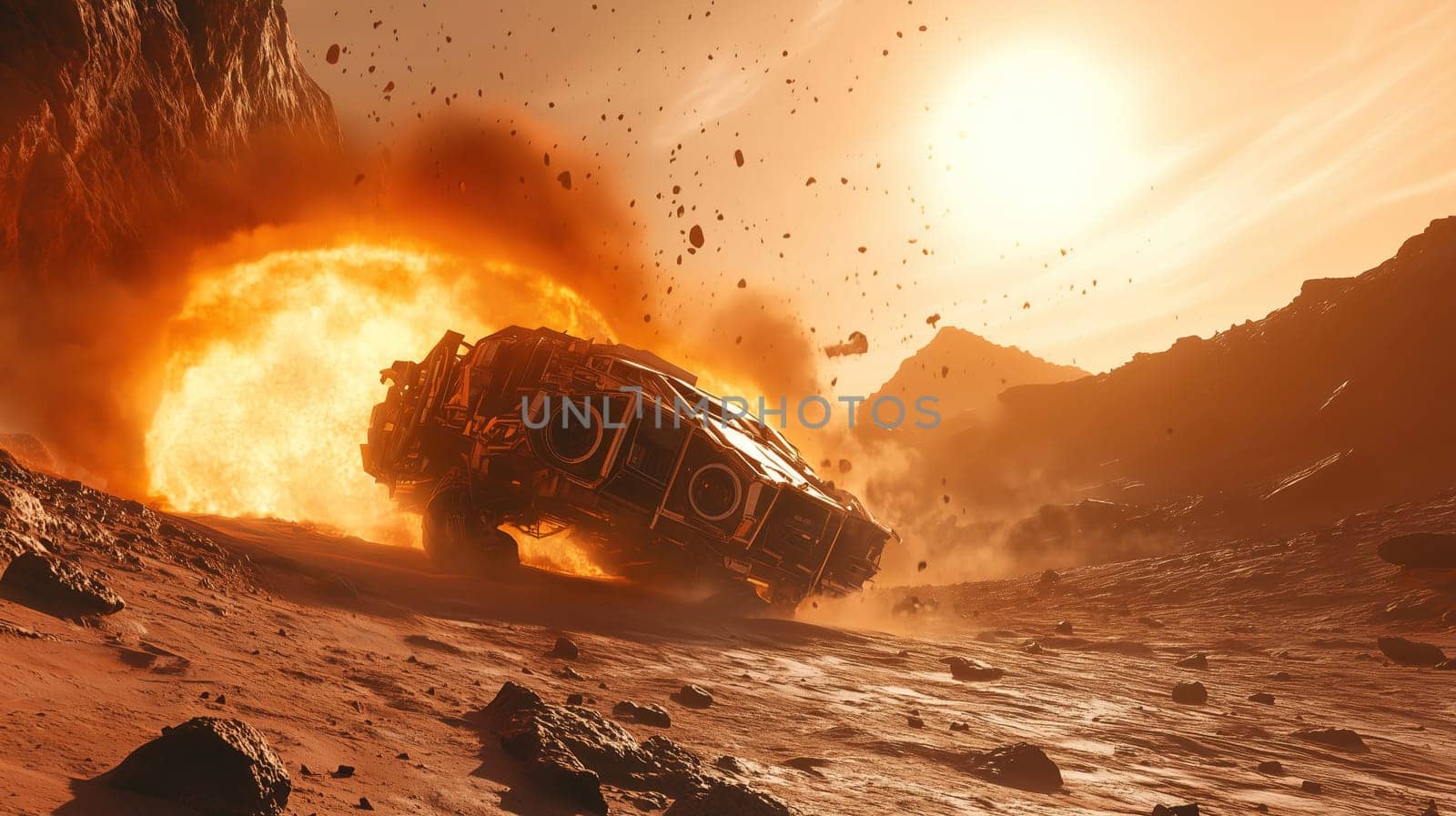 A spacecraft is caught in an explosive moment on a distant planet, with bright flames and debris scattering around. The setting sun casts an orange glow over the barren terrain.