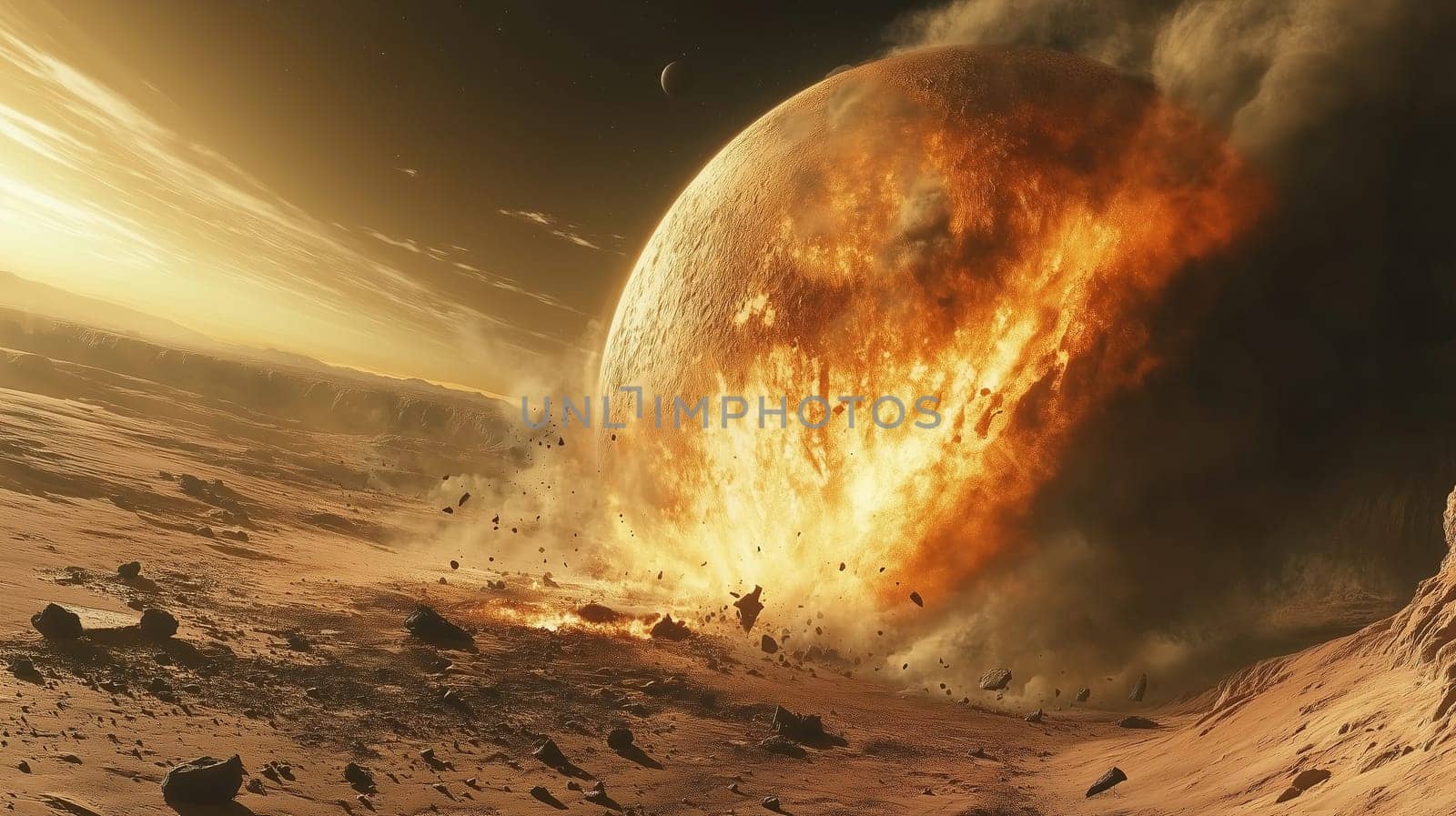 An enormous planet explodes on a distant celestial body at sunset, casting fiery debris across the barren landscape and creating a dramatic effect.