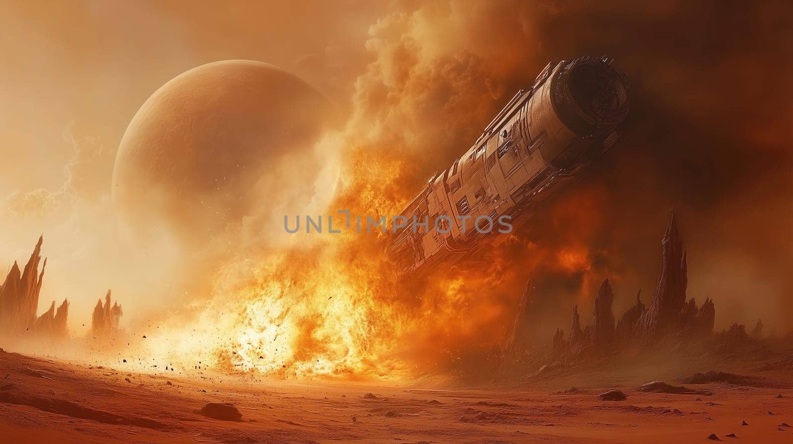 A spaceship is crashing onto a barren planet, engulfed in flames, with a massive gas giant looming in the background amidst swirling clouds and dust.
