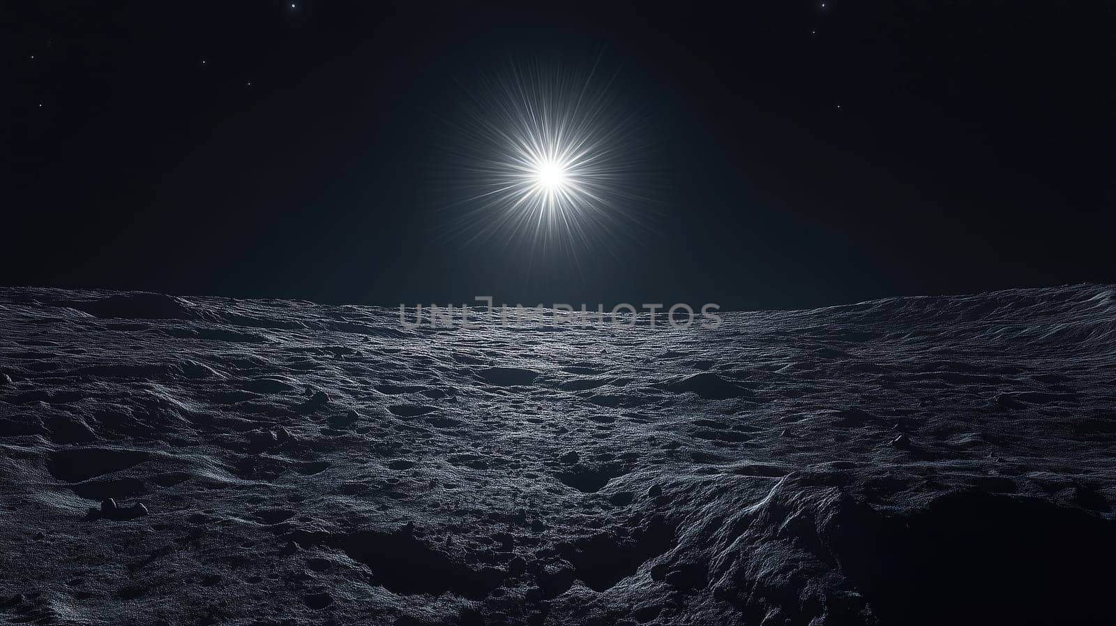 A breathtaking vista showcases the rugged terrain of the lunar surface, beautifully lit by the radiant sun against a star-filled dark sky, creating a tranquil atmosphere.