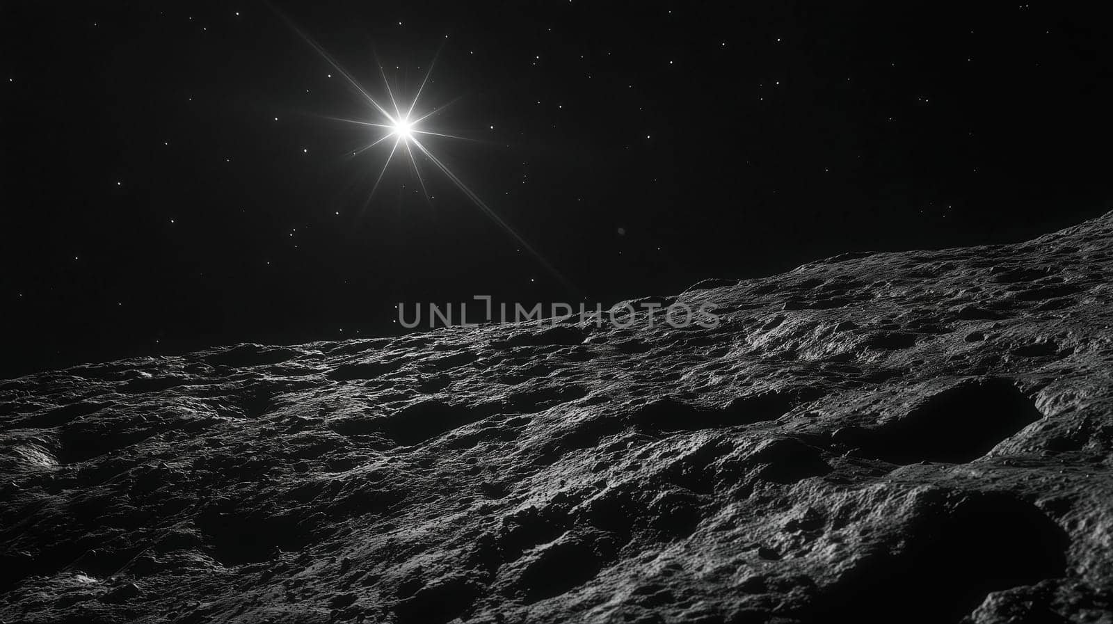 The rugged terrain of a celestial body is illuminated by a distant bright star, creating a breathtaking view against the vast, starry sky at dusk.