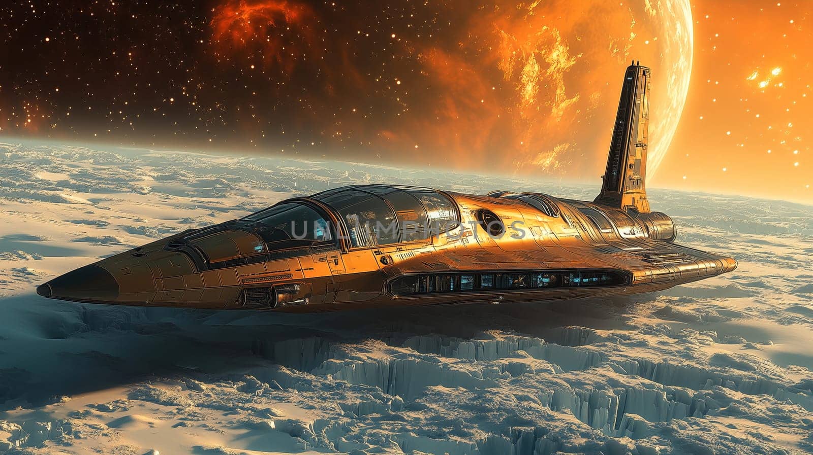 The sleek spaceship touches down on a mysterious alien landscape, surrounded by clouds and illuminated by a vibrant orange sky filled with stars and planets.