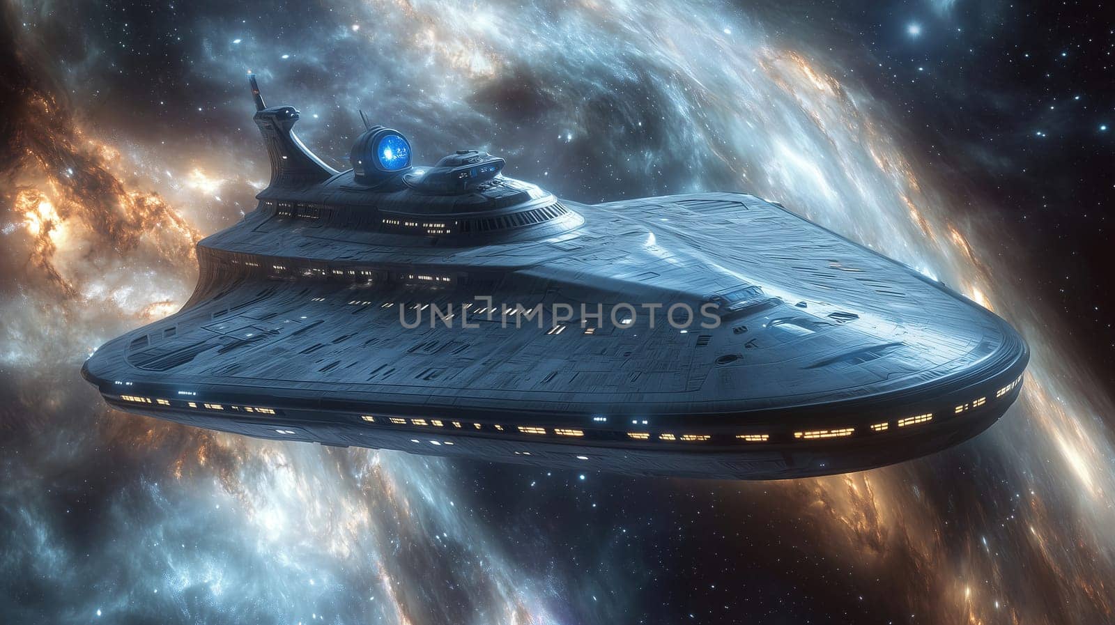 A sleek, advanced spacecraft glides effortlessly through the cosmos, surrounded by a dazzling array of stars and nebulae. The vibrant colors create a stunning backdrop against the dark space.
