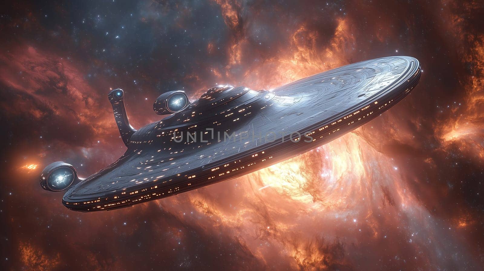 A sleek, metallic spaceship glides through a vibrant nebula, illuminated by swirling colors and distant stars, showcasing deep space's beauty and mystery.