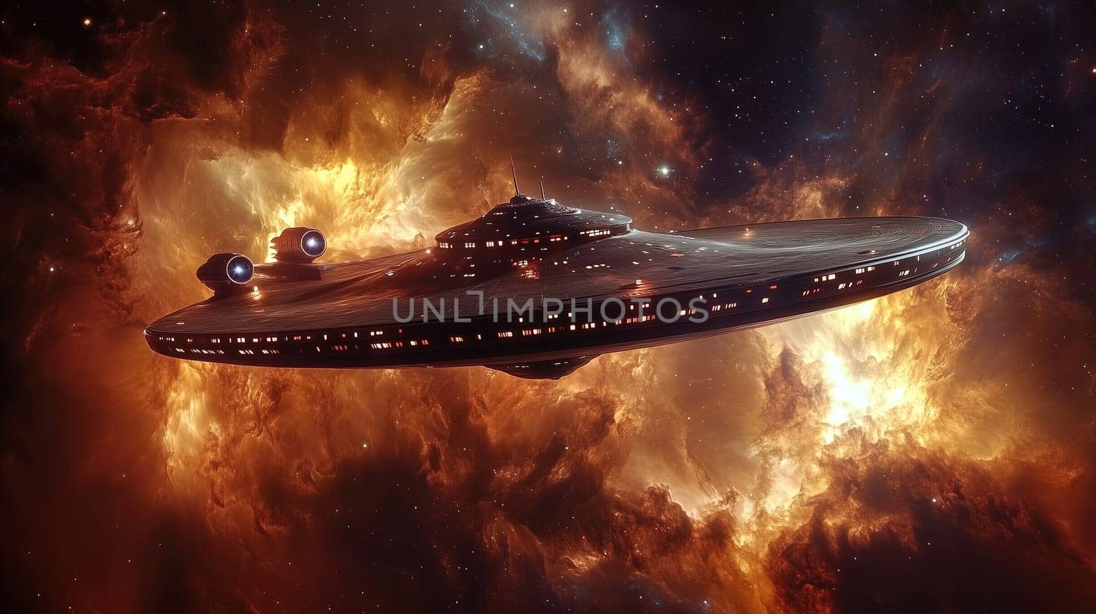 A sleek, futuristic spaceship navigates through a dazzling nebula, surrounded by bright celestial bodies and swirling cosmic colors in the vastness of space.