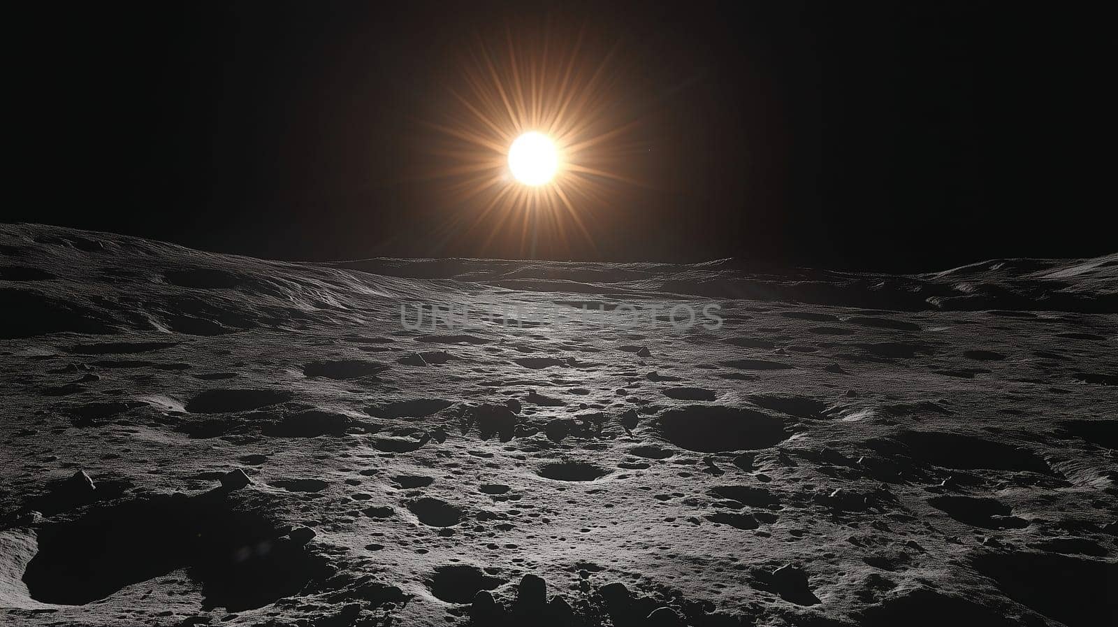 A stunning sunrise occurs above the lunar landscape, casting light on the surface's craters and shadows. The contrast between light and darkness emphasizes the desolation of the moon.