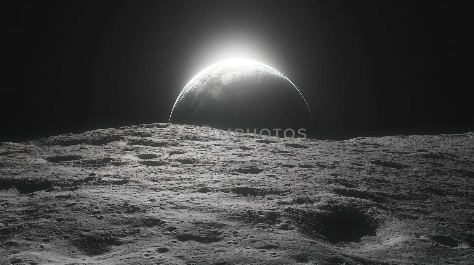 The image captures the breathtaking view of Earth's horizon from the moon's surface as the sun rises, casting light over the craters and lunar landscape.