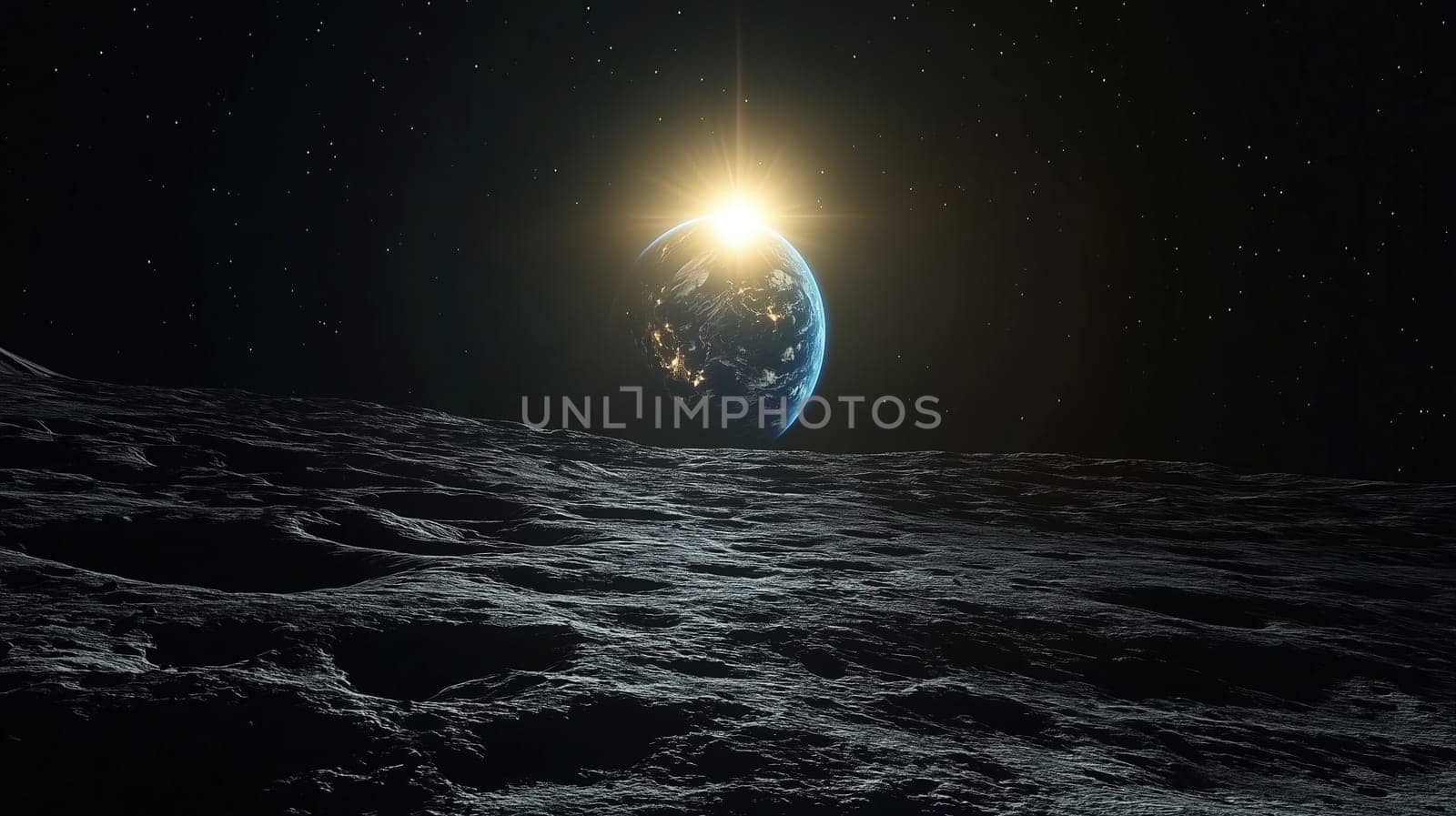 A breathtaking perspective from the moon's surface showcasing Earth rising on the horizon. The sunlight reflects beautifully, highlighting the terrain and the vibrant blue planet above.