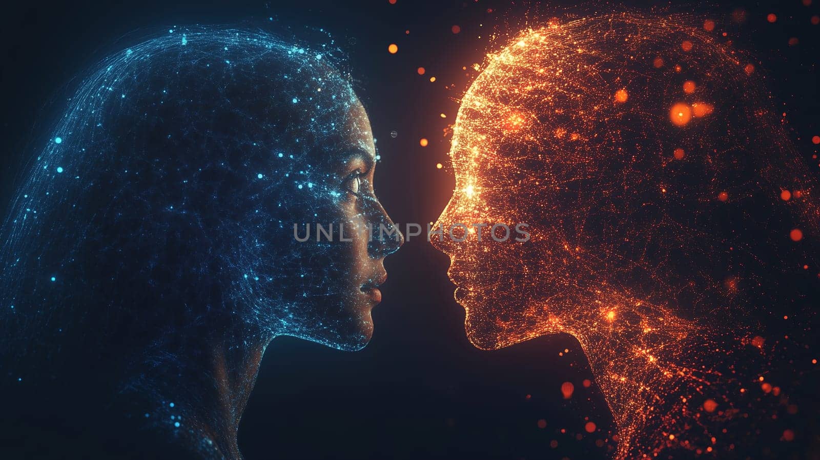 Two artistic human forms crafted from vibrant particles confront each other in a dark space, symbolizing emotion, connection, and duality in a unique way.