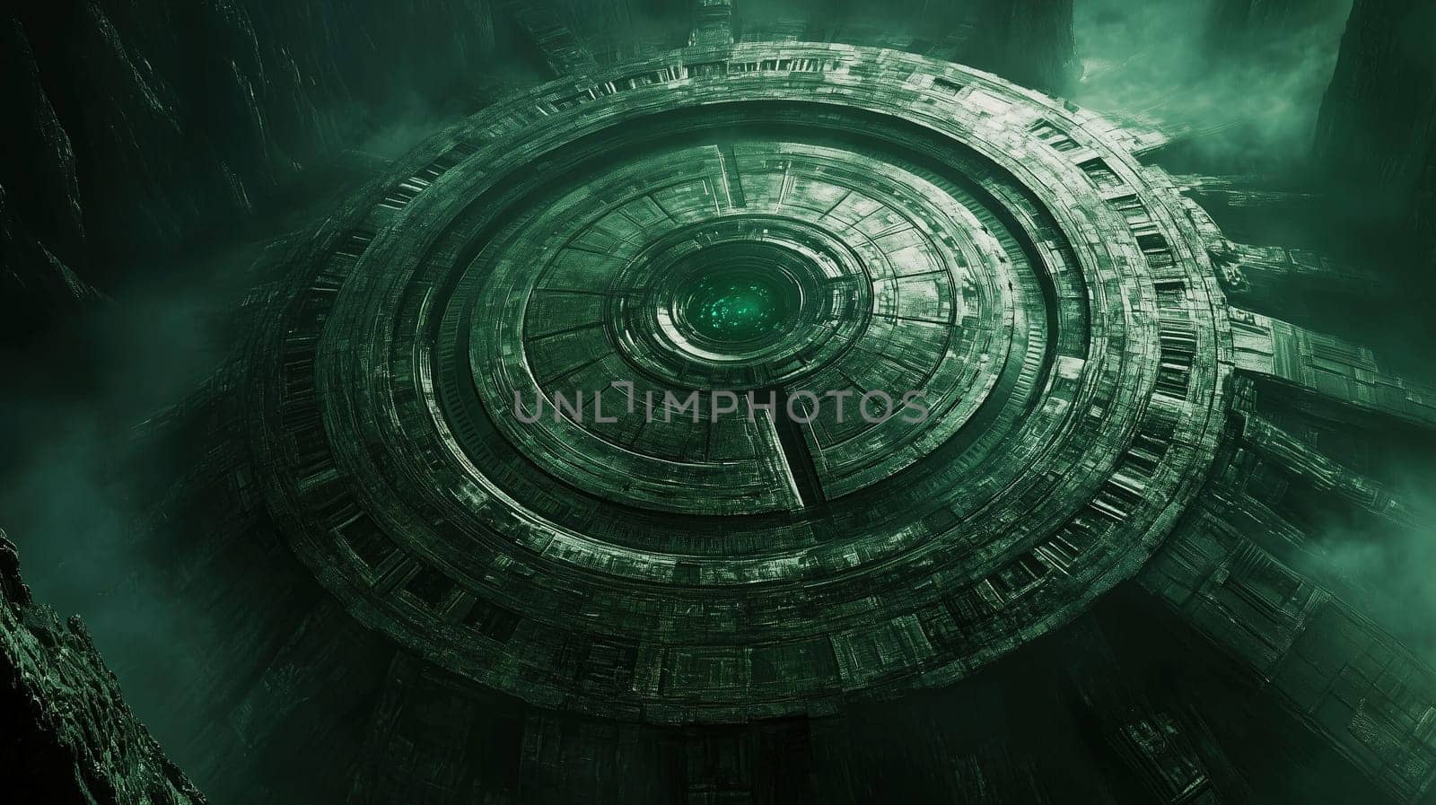 A large, circular structure with intricate patterns appears to be resting on the ground in a misty environment illuminated in green tones.