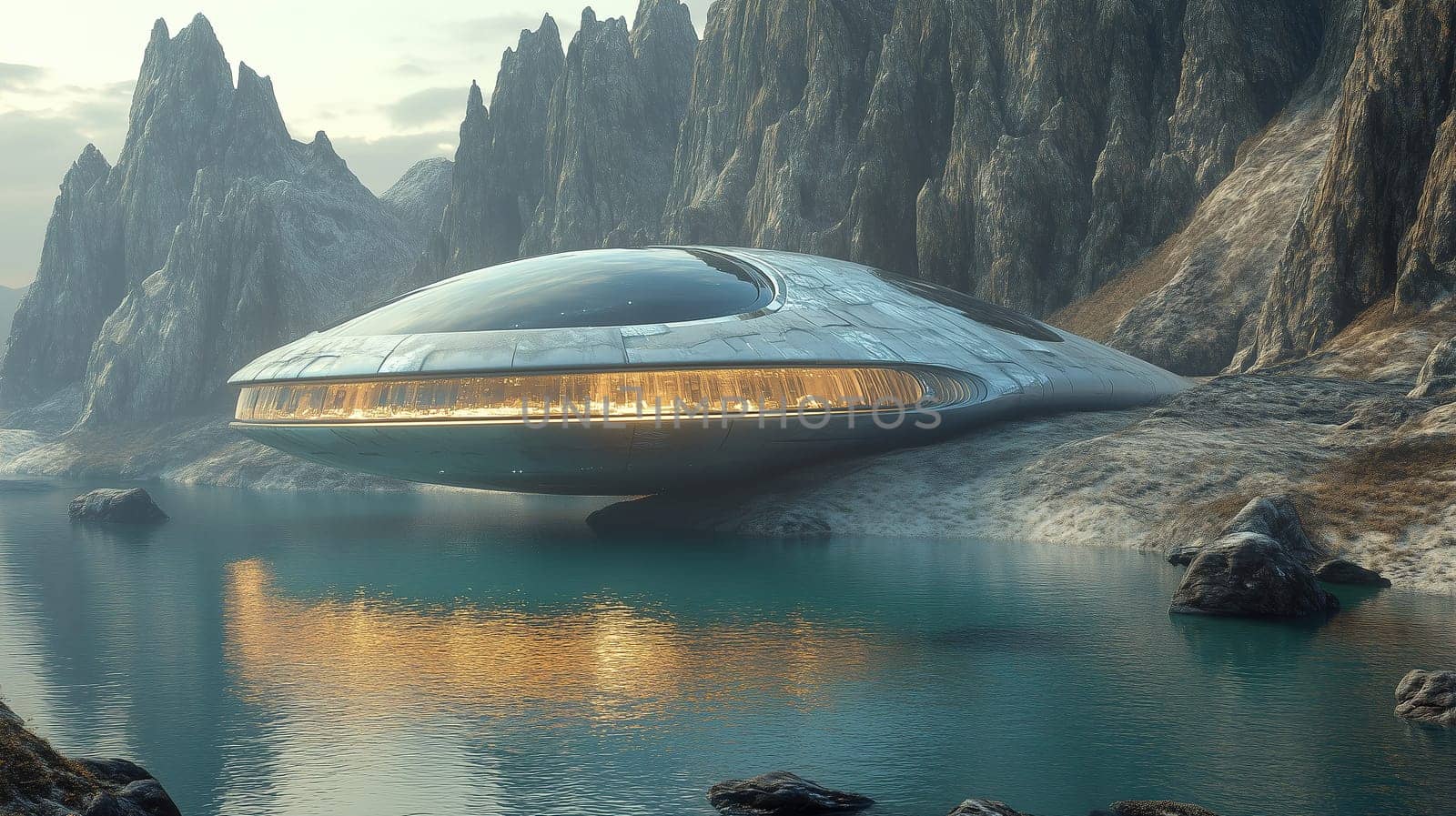 A sleek, futuristic spacecraft is anchored on calm waters, reflecting the jagged mountain landscape at dawn. Soft light emanates from the vessel, creating a serene atmosphere.