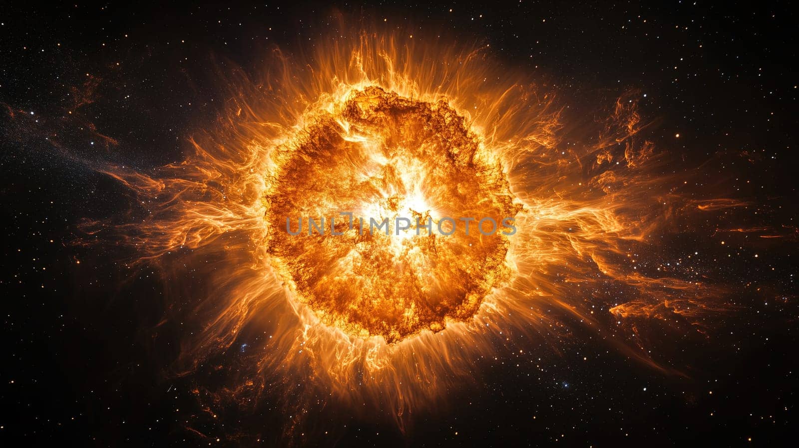 A magnificent solar eruption unfolds in the vastness of space, displaying bright orange and yellow flames radiating outward. The cosmic backdrop enhances the fiery spectacle, revealing solar activity.