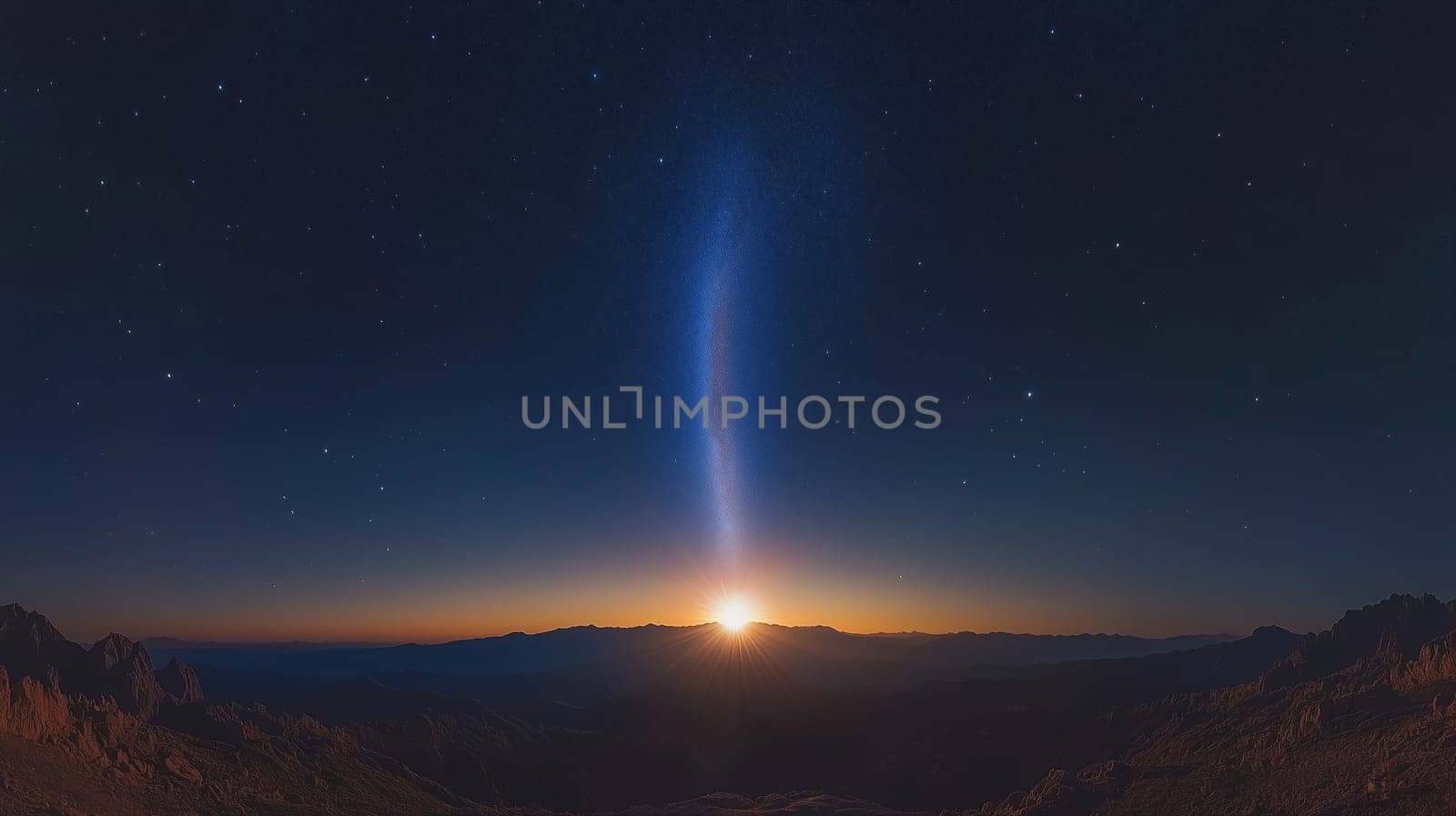 The early morning sky reveals a stunning sunrise casting warm hues over majestic mountains while faint stars begin to fade away. A serene moment in nature unfolds.