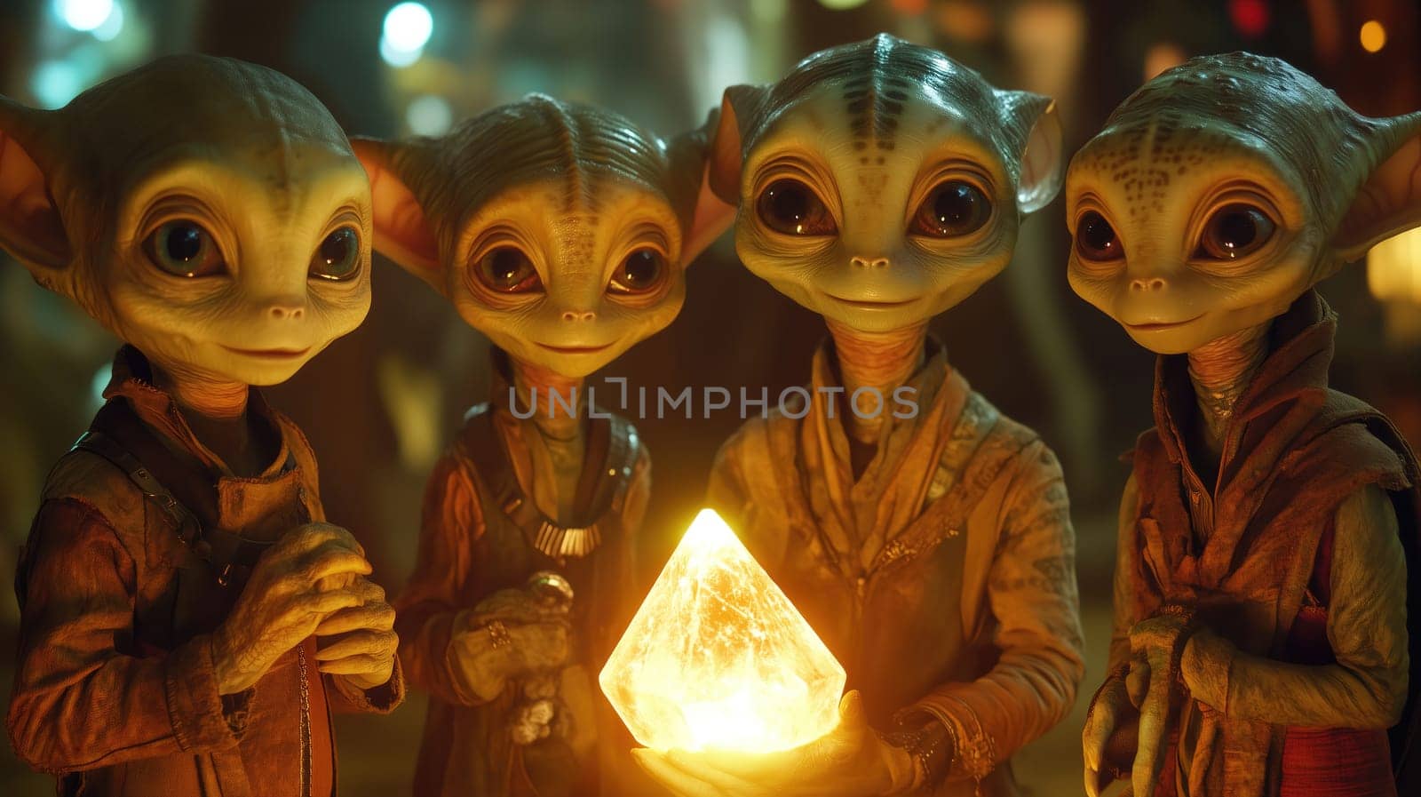 Four adorable alien beings gather together, each with large eyes and unique features, as they hold a bright, glowing crystal. The lively atmosphere is enhanced by colorful lights around them.
