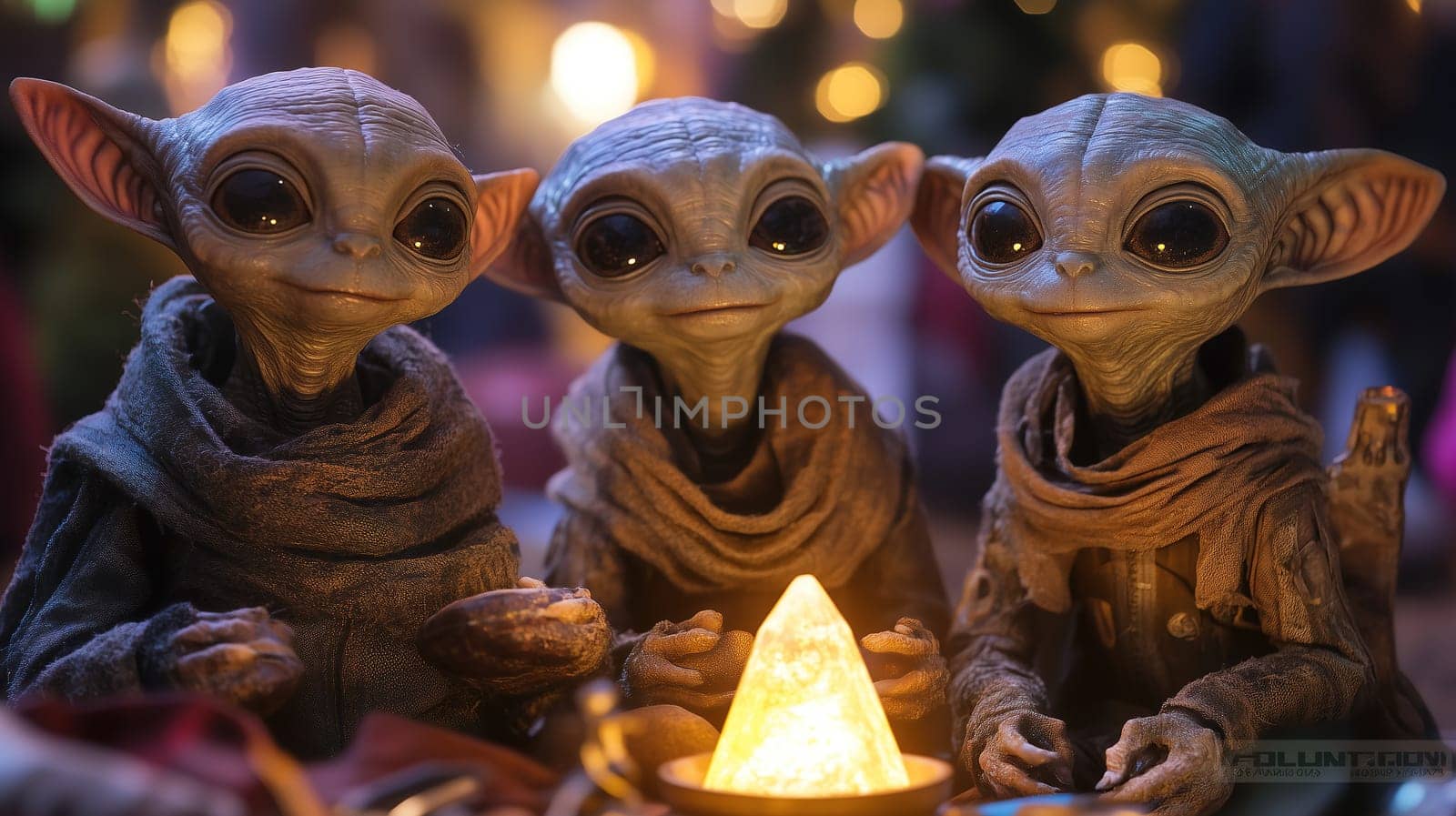 Three charming alien beings are seated around a glowing crystal in a warm, welcoming space filled with twinkling lights, creating a magical atmosphere at night.