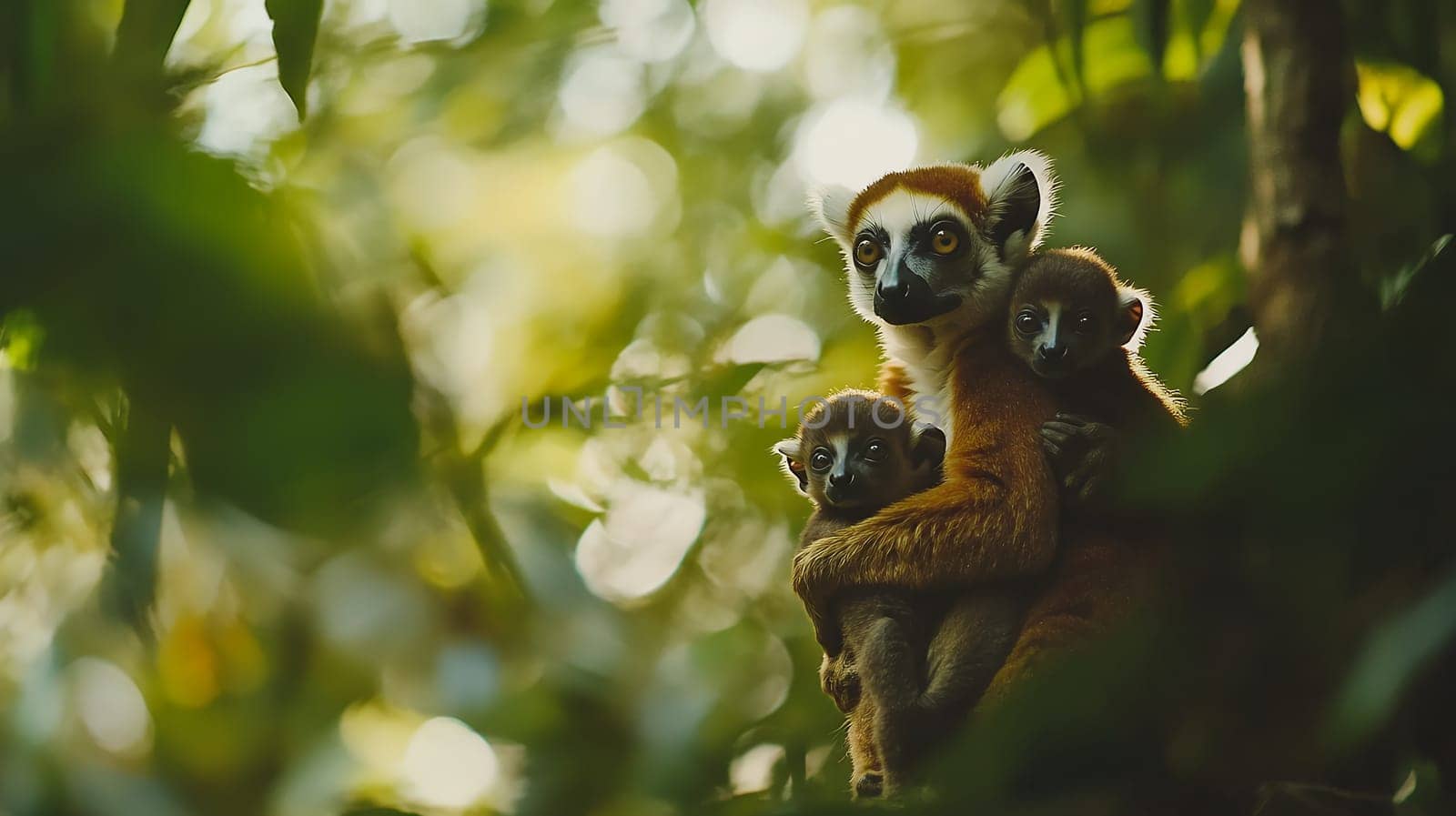 A lemur with two babies huddles together in the dense jungle, showcasing family bonds in the wild.