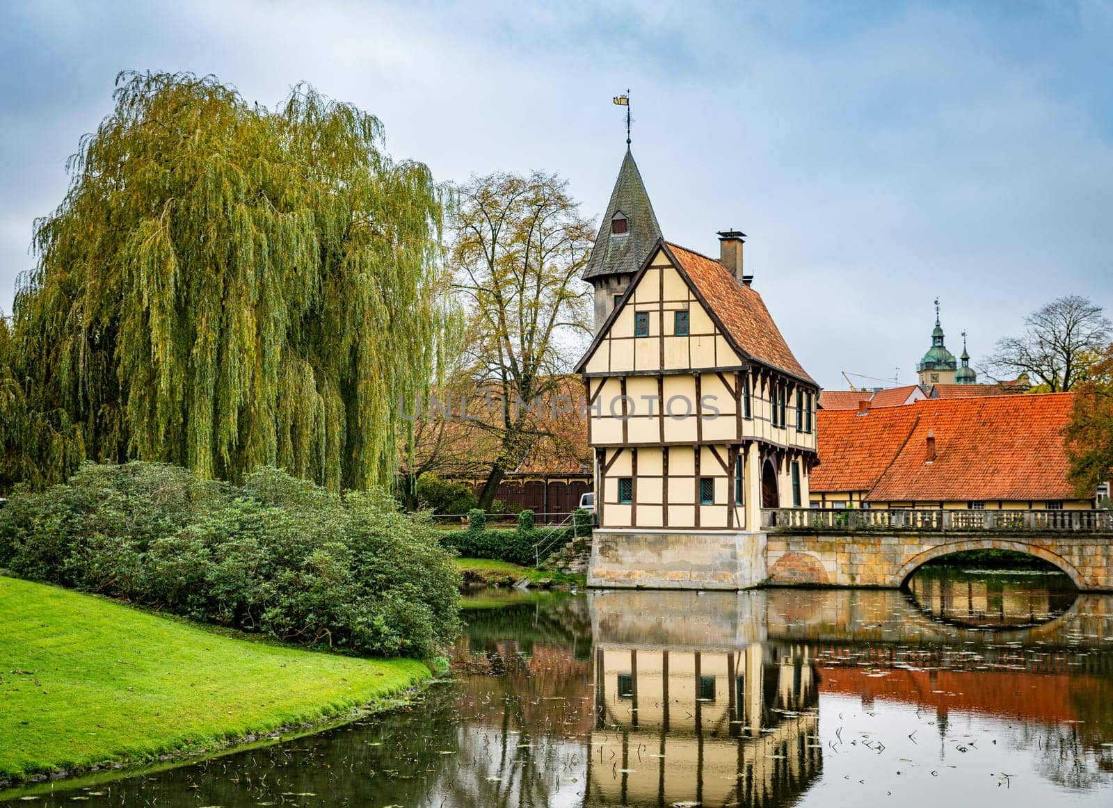 Outer bailey with gatehouse of the Burgsteinfurt moated castle in Steinfurt, Munsterland, North Rhine-Westphalia, Germany