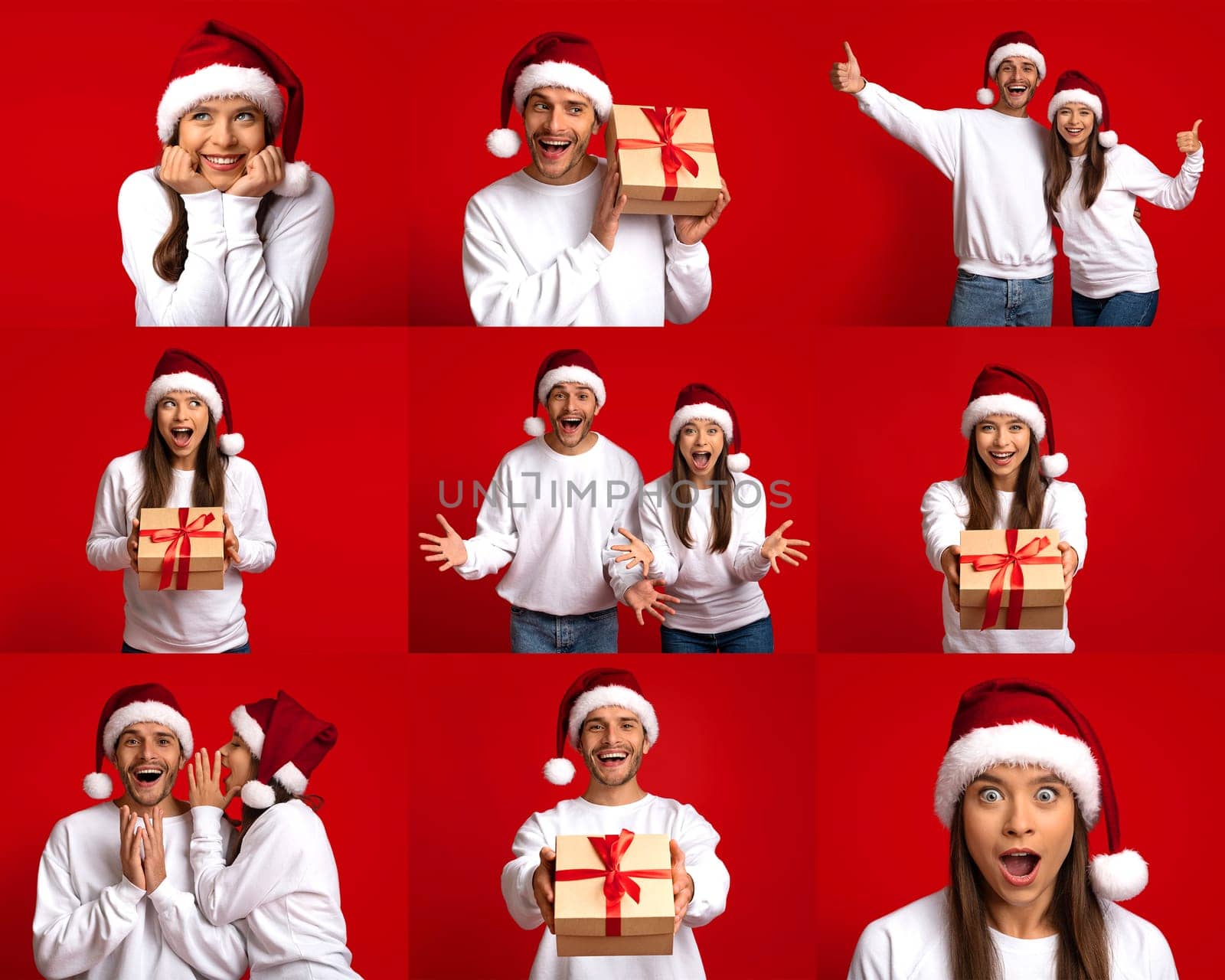 A joyful couple dressed in white sweaters and Santa hats is posing against a vivid red backdrop, expressing excitement and happiness while holding gifts. They showcase a range of cheerful reactions.