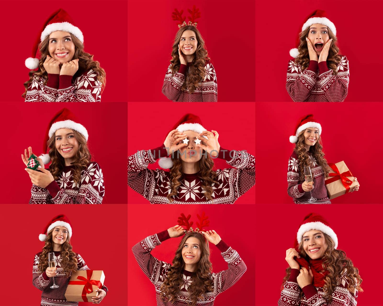 A cheerful lady wearing a Santa hat and festive sweater showcases various joyful expressions while interacting with gifts, embodying the spirit of the holiday season in a vibrant red background.