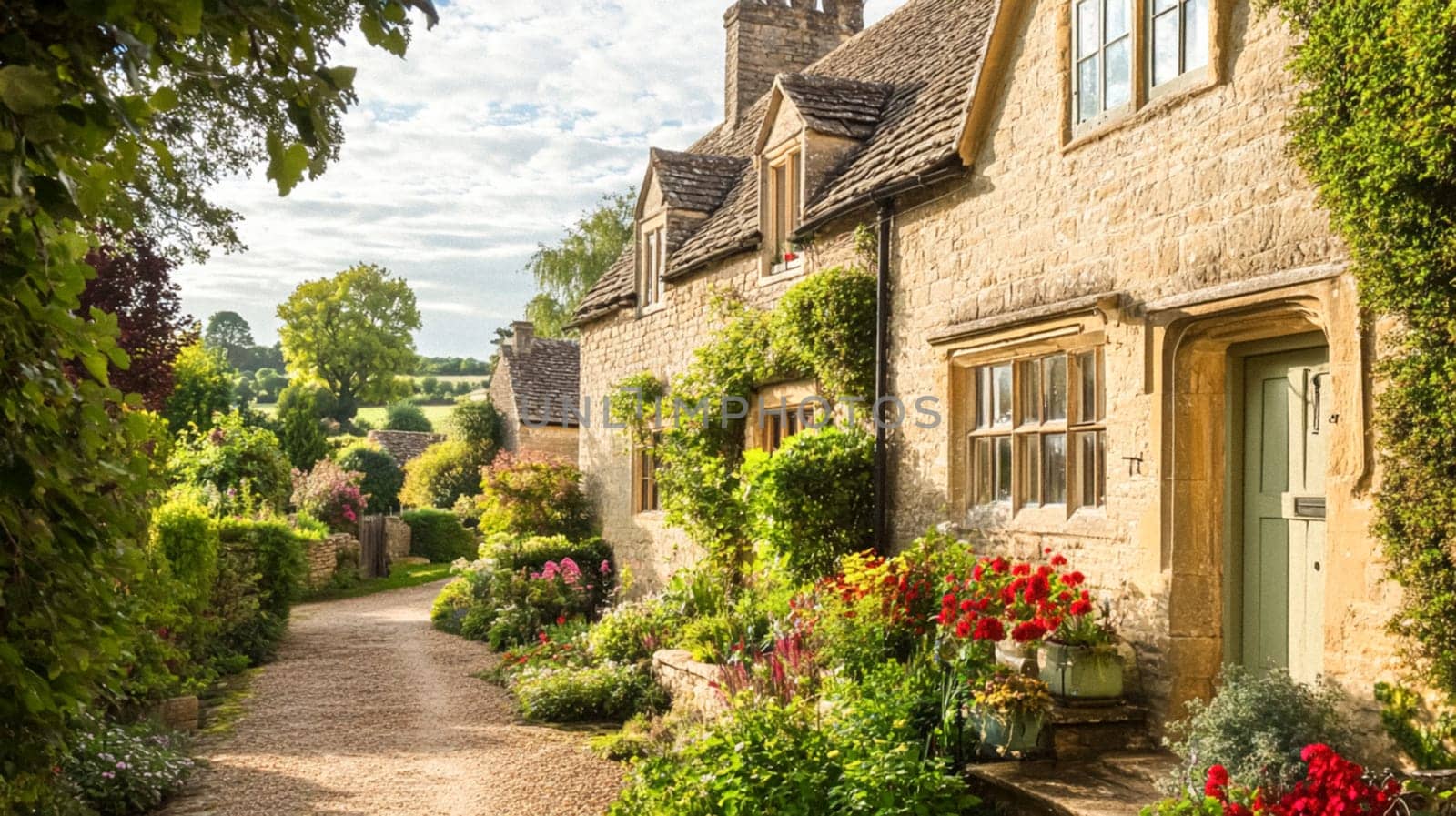 Cotswolds cottage and garden in the English countryside style, modern architecture and design idea